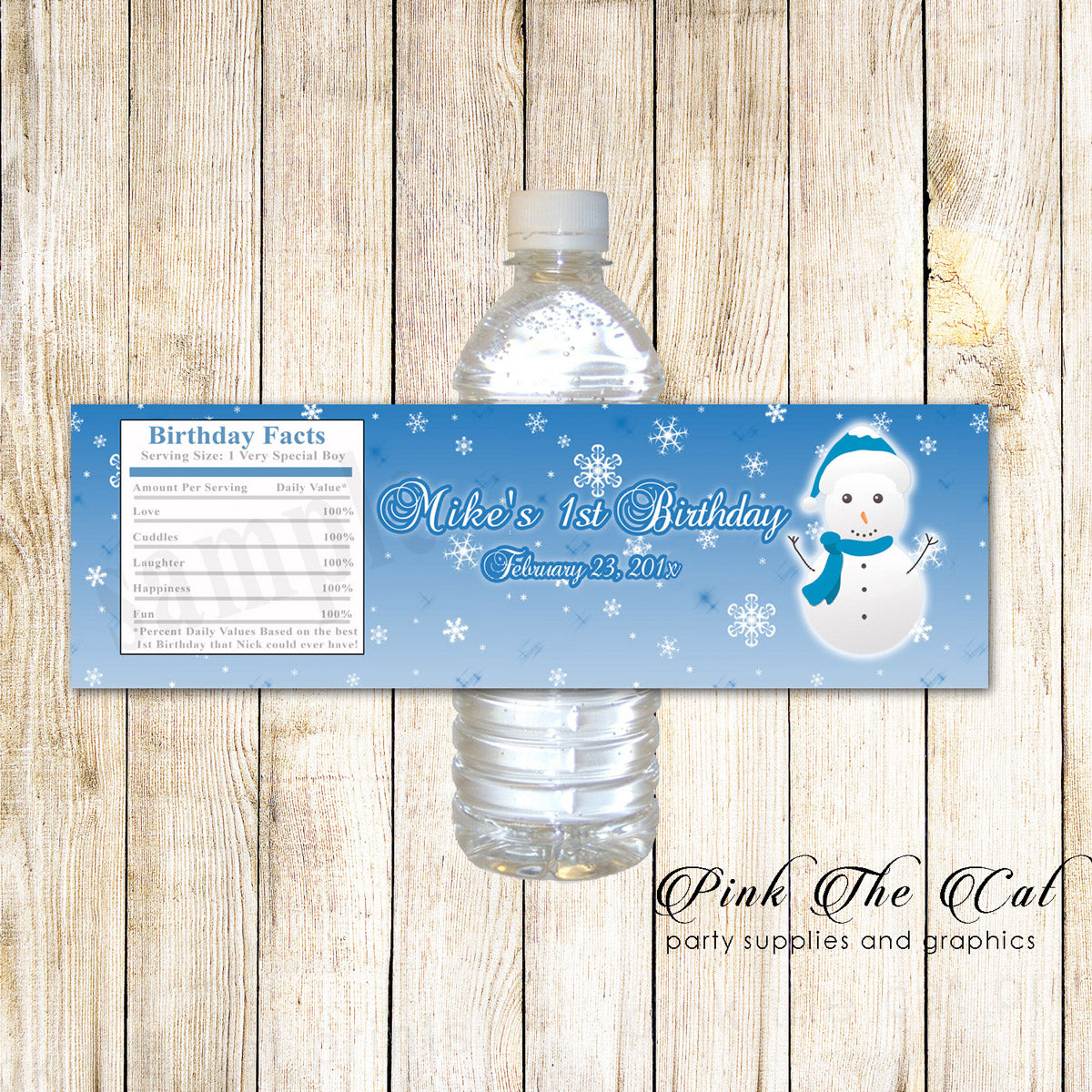 snowman-winter-bottle-label-birthday-baby-shower-blue-pink-the-cat for Melted Snowman Water Bottle Labels Free Printable Snowman Winter Bottle Label Birthday Baby Shower Blue – Pink the Cat for Melted Snowman Water Bottle Labels Free Printable