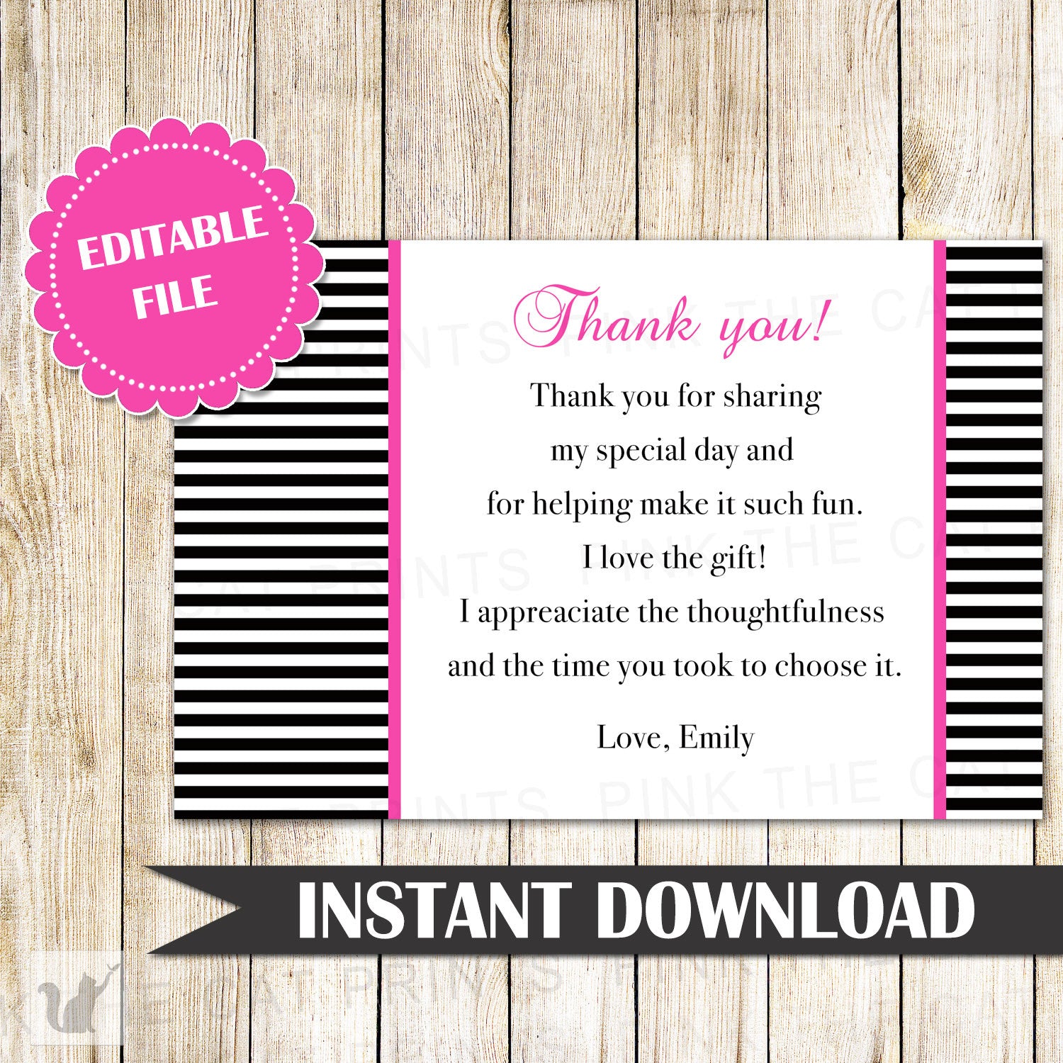 Black White Stripes Thank You Card Note Bridal Shower Birthday