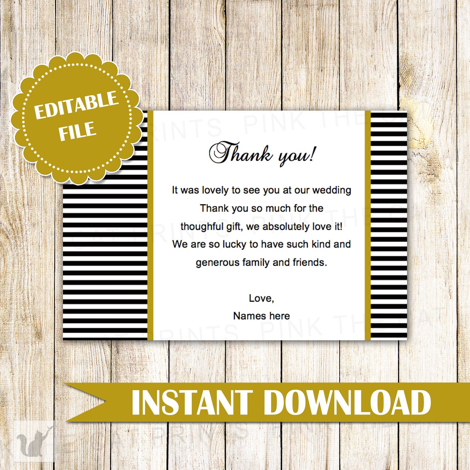 Black White Gold Stripes Thank You Card Note