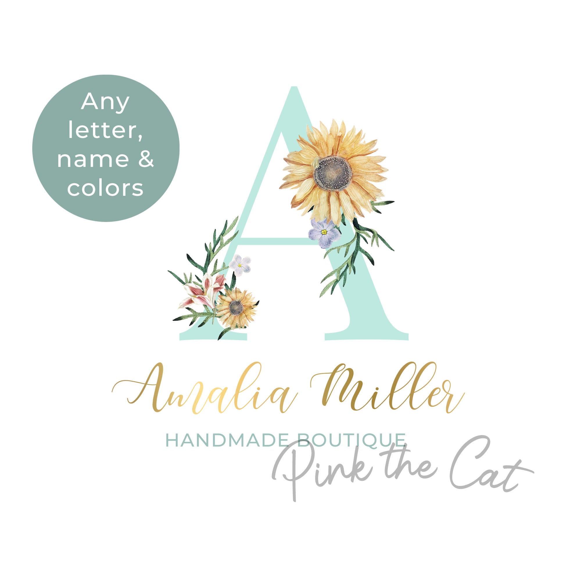 Sunflower logo png watercolor premade calligraphy floral monogram
