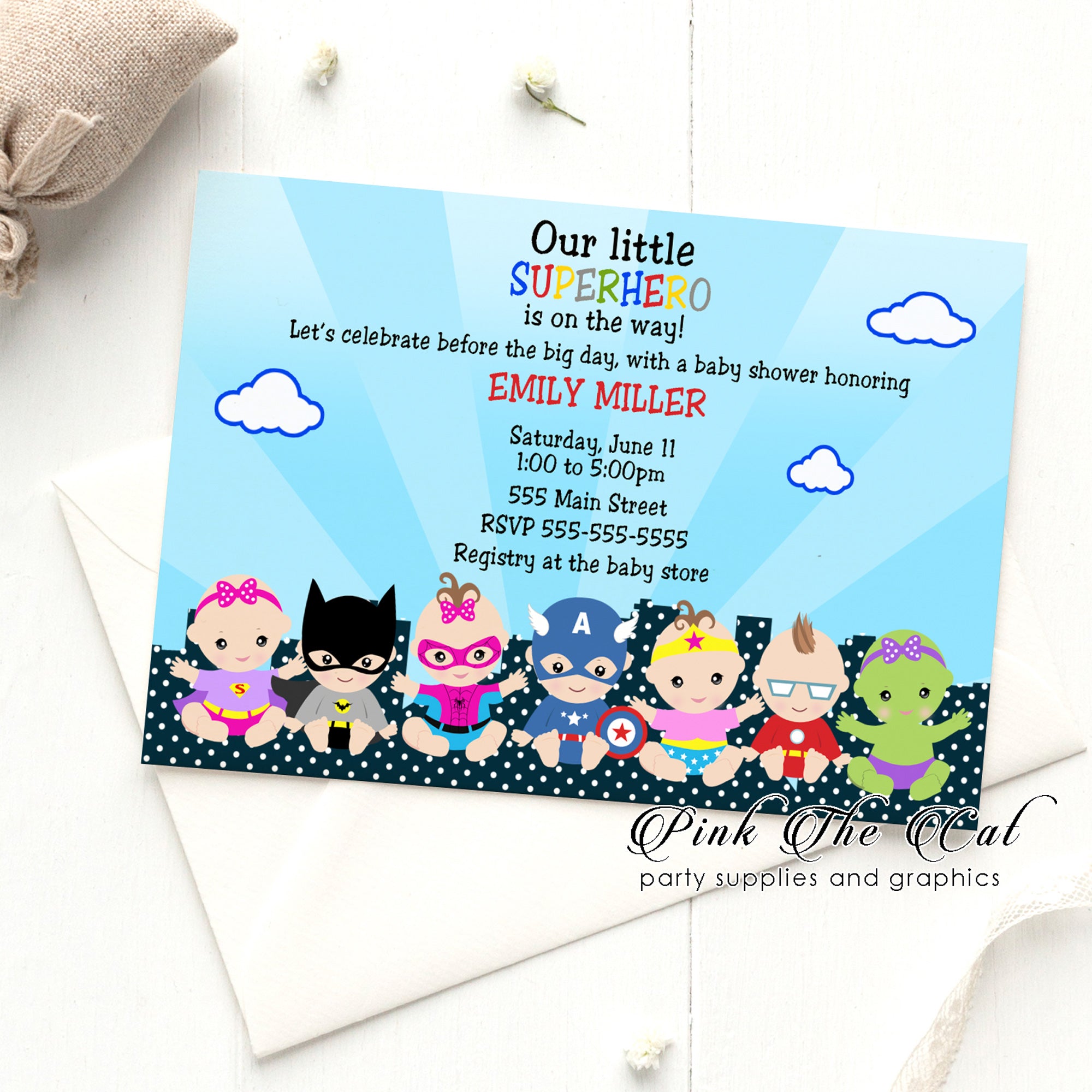 Girl baby superhero invitations baby shower personalized printable Pink the Cat Girl baby superhero invitations baby shower personalized printable Pink the Cat