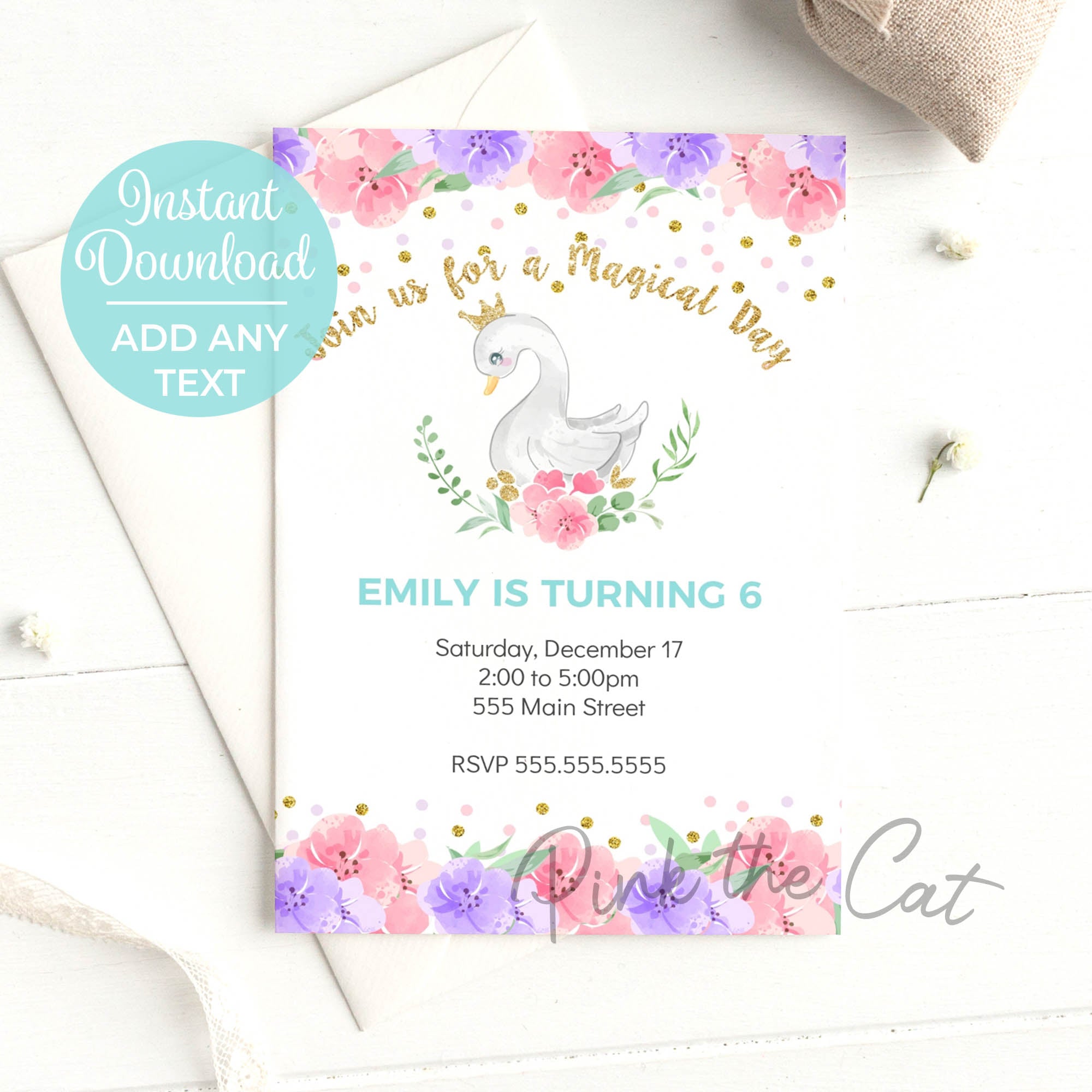 Swan Invitation Birthday Party Floral Pink