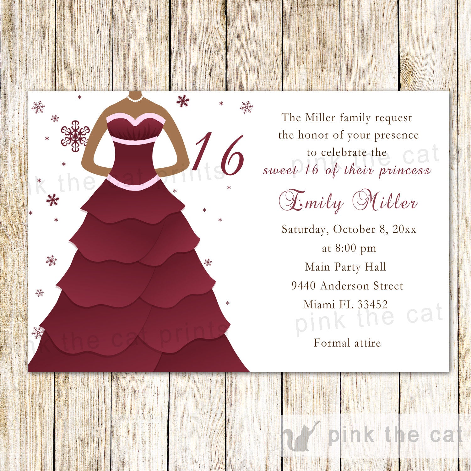 Winter Invitation Sweet 16 Quinceanera Ruby Red Dress Pink the Cat Winter Invitation Sweet 16 Quinceanera Ruby Red Dress Pink the Cat