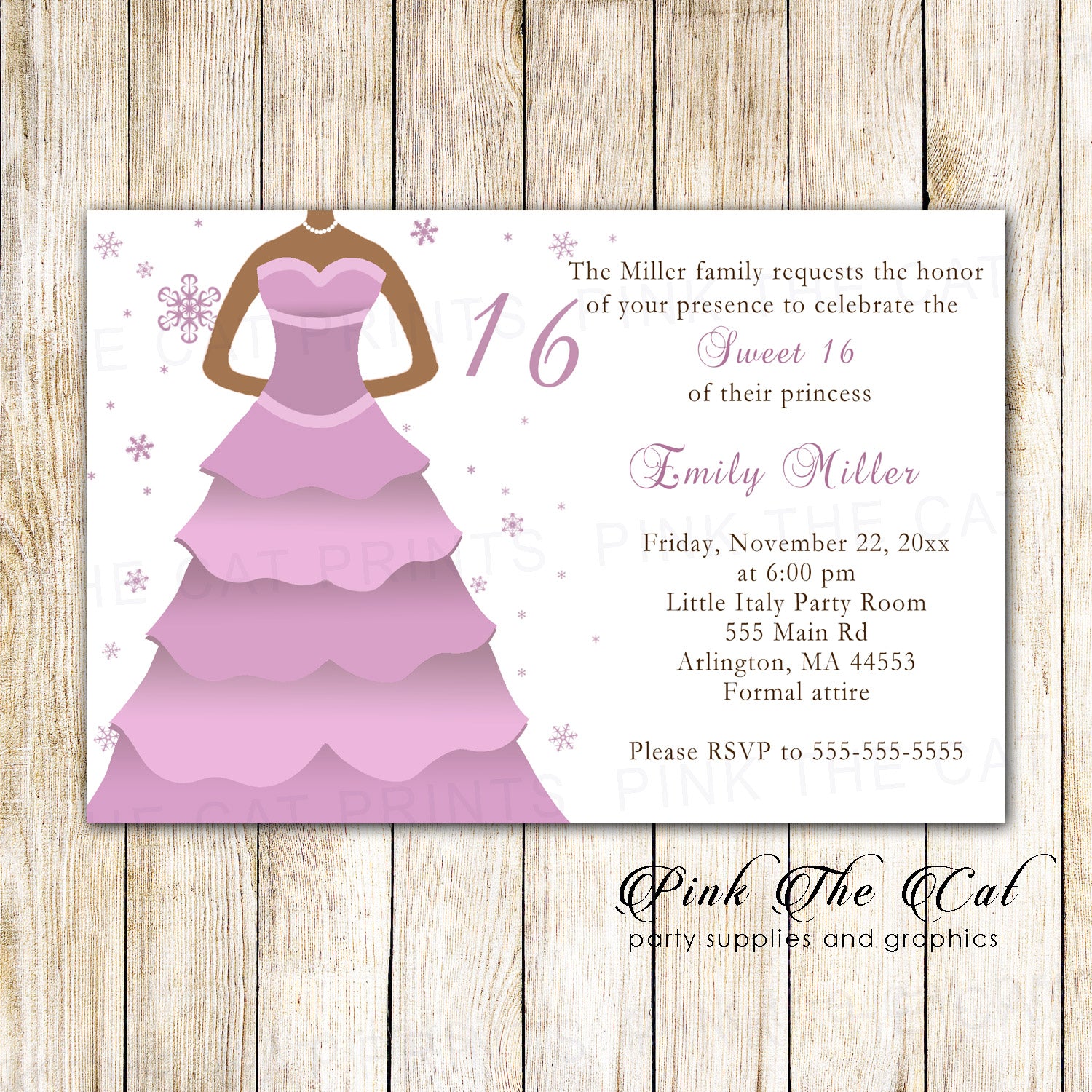 Winter invitations sweet 16 quinceanera pink lillac dress printable Pink the Cat Winter invitations sweet 16 quinceanera pink lillac dress printable Pink the Cat