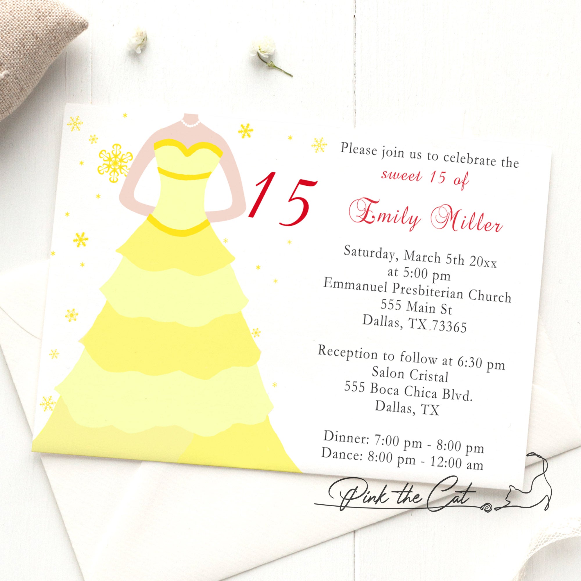 Winter wonderland invitation red yellow dress 15 birthday sweet 16 Pink the Cat Winter wonderland invitation red yellow dress 15 birthday sweet 16 Pink the Cat