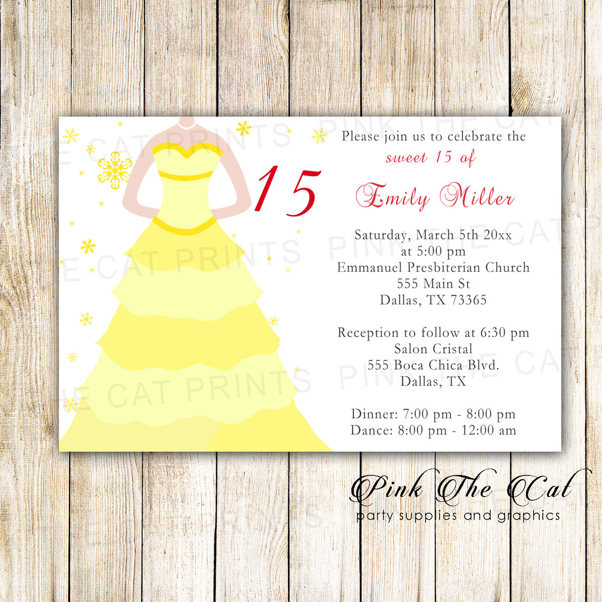 Winter Wonderland Invitation Sweet 15 Yellow Dress Printable Pink the Cat Winter Wonderland Invitation Sweet 15 Yellow Dress Printable Pink the Cat