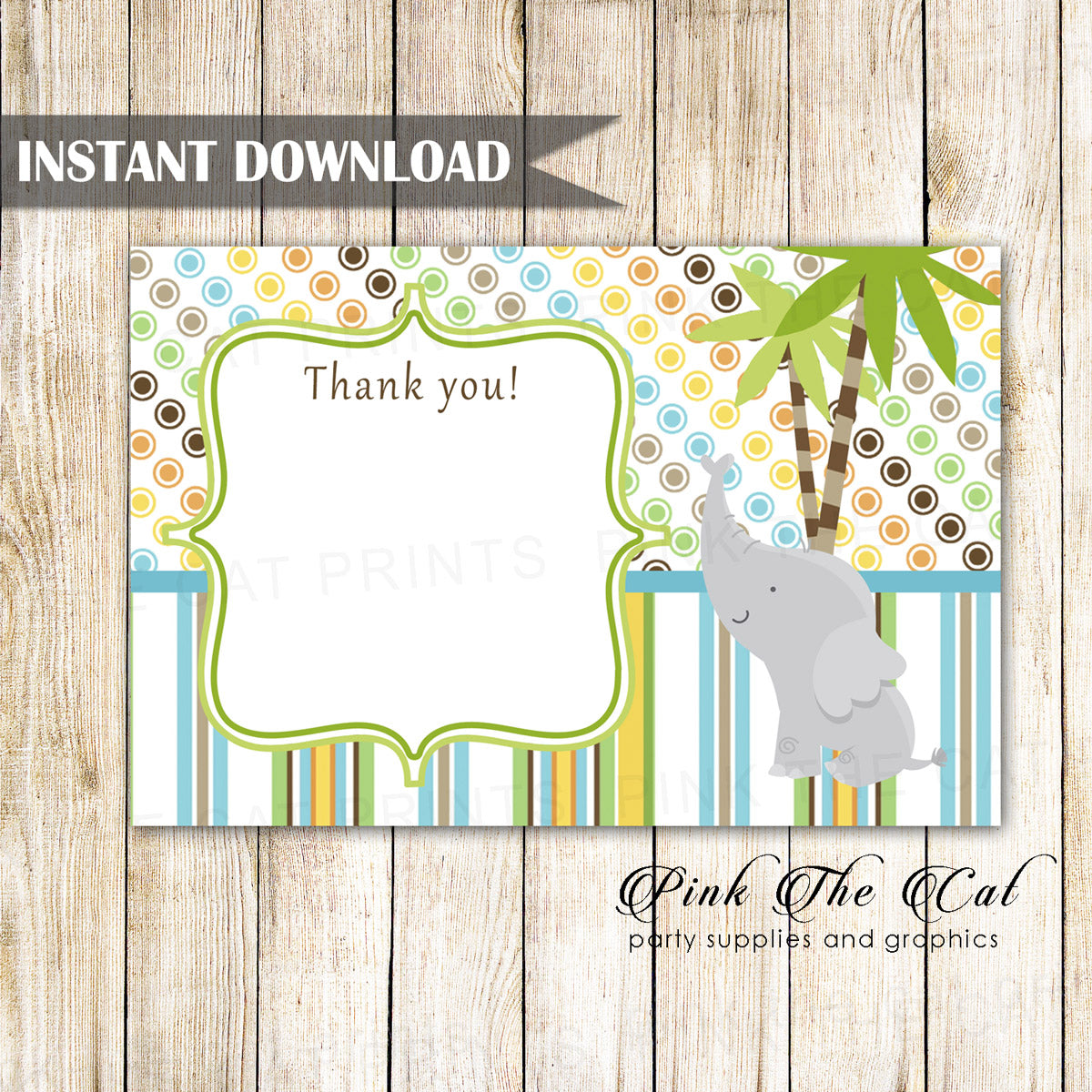 Elephant Thank You Card Birthday Baby Shower Printable Download