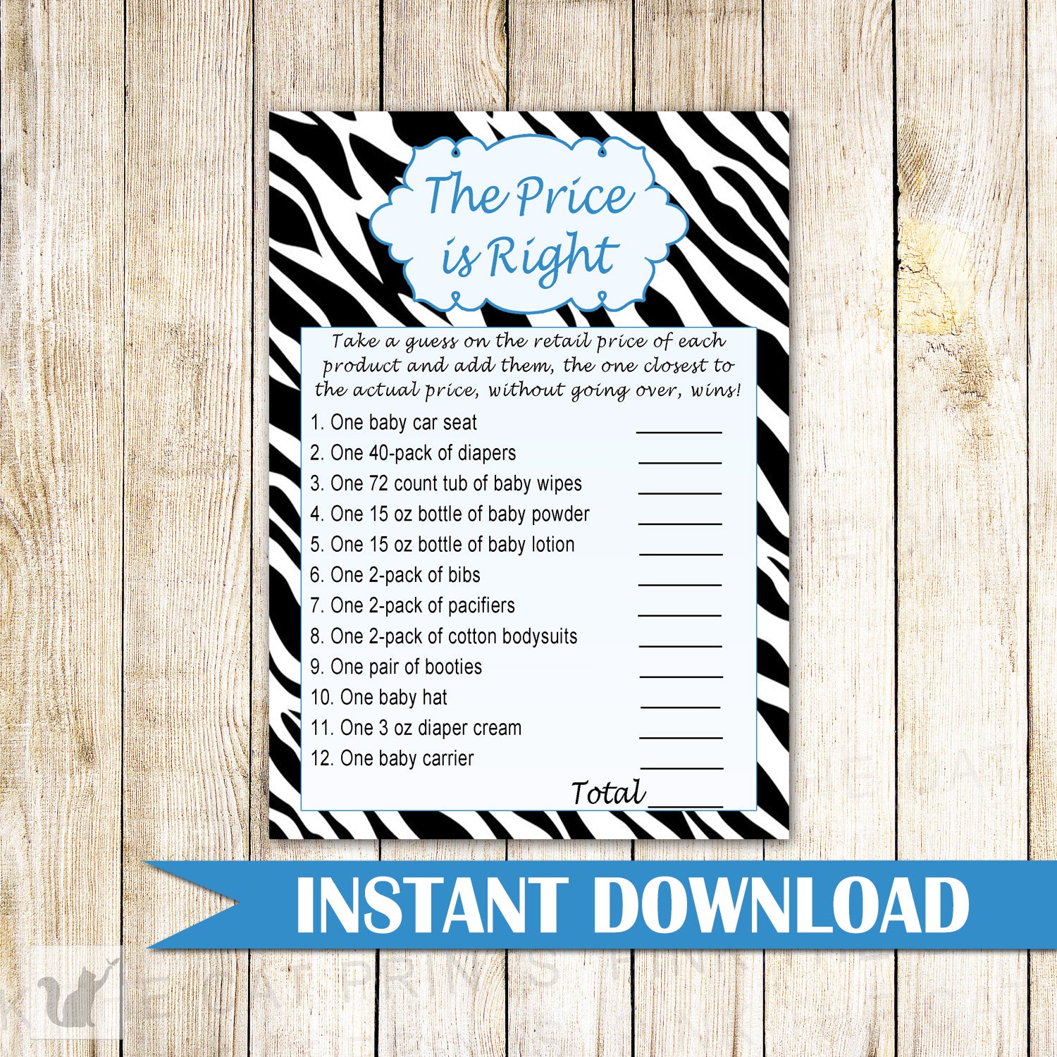 Blue Zebra The Price is Rigth Baby Shower Game