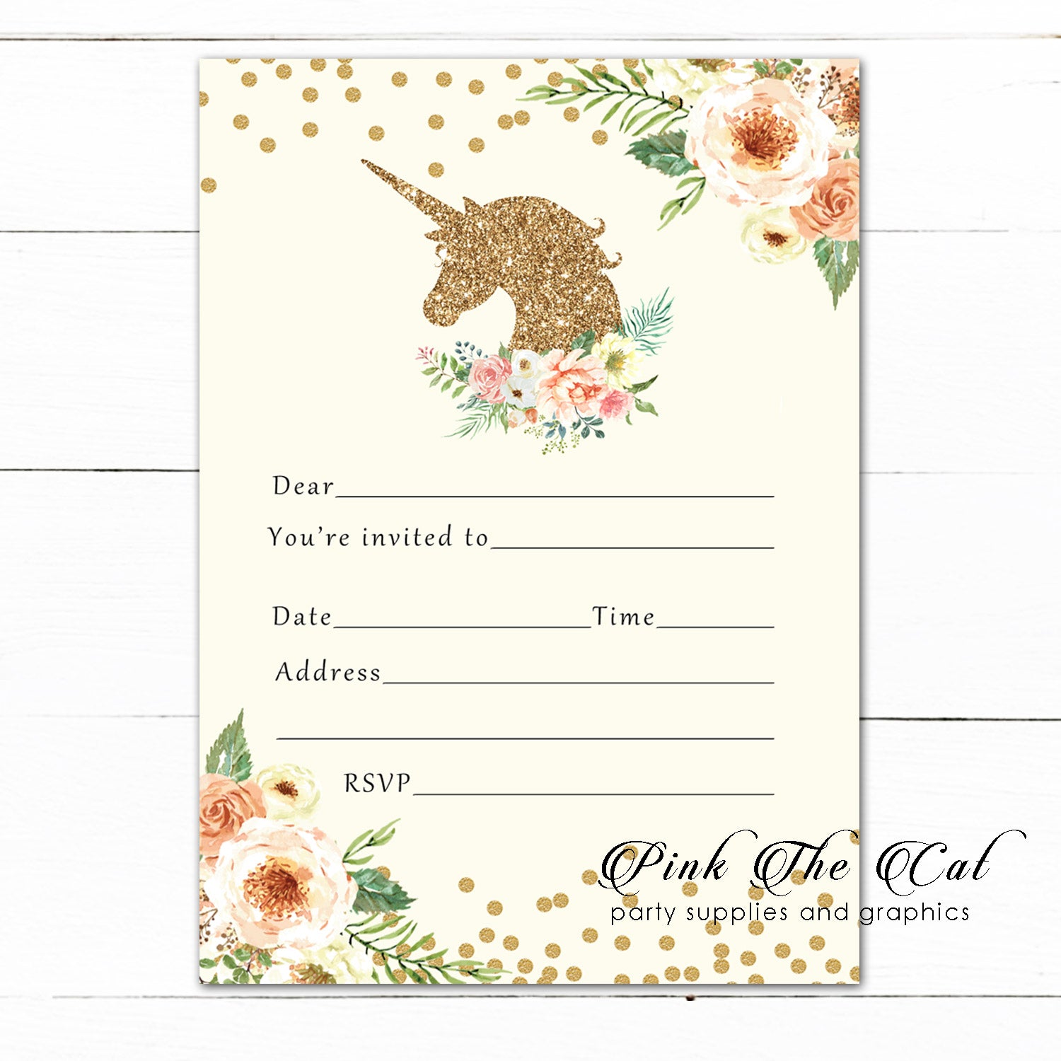 Unicorn Invitation Fill In Blank Peach Gold Birthday Printable