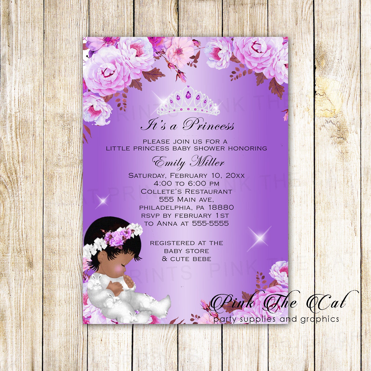 Princess invitation baby shower african american purple printable