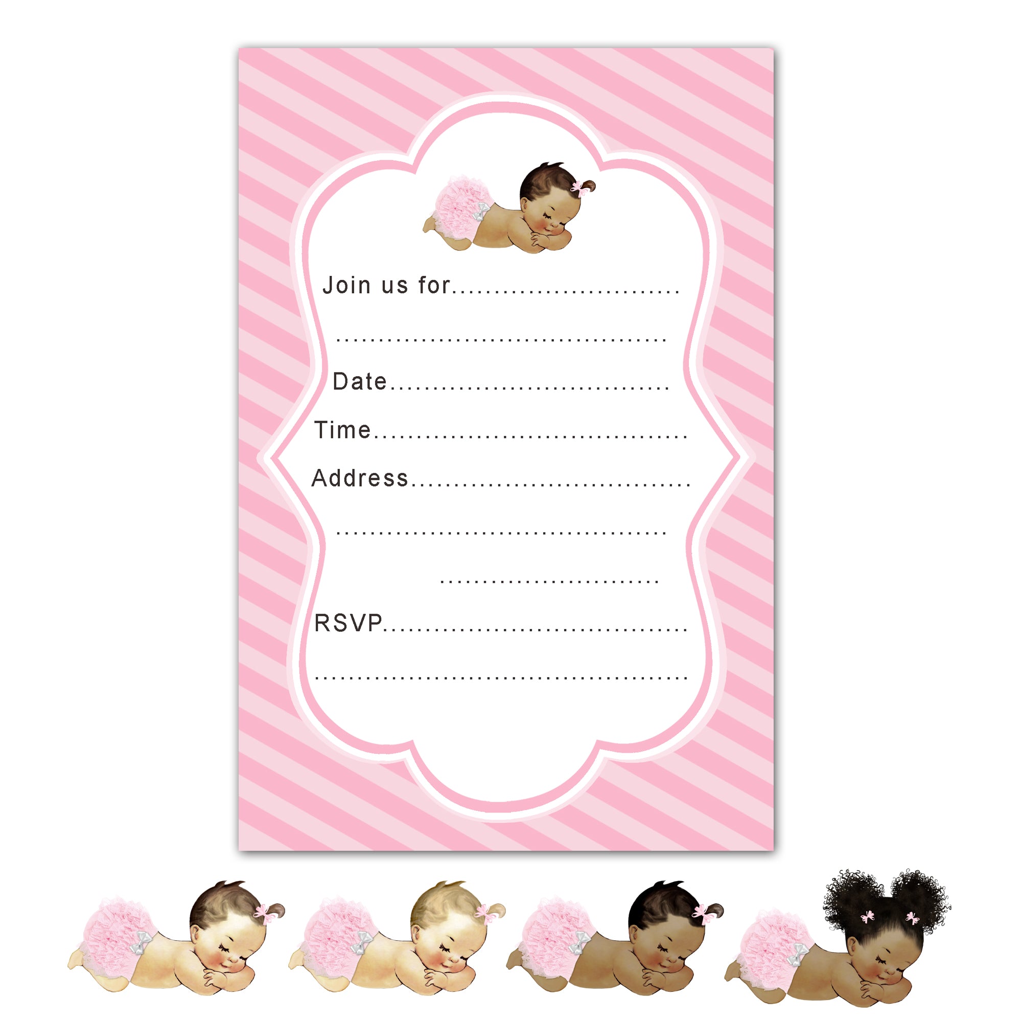 30 printed cards pink girl vintage baby shower invitations fill in