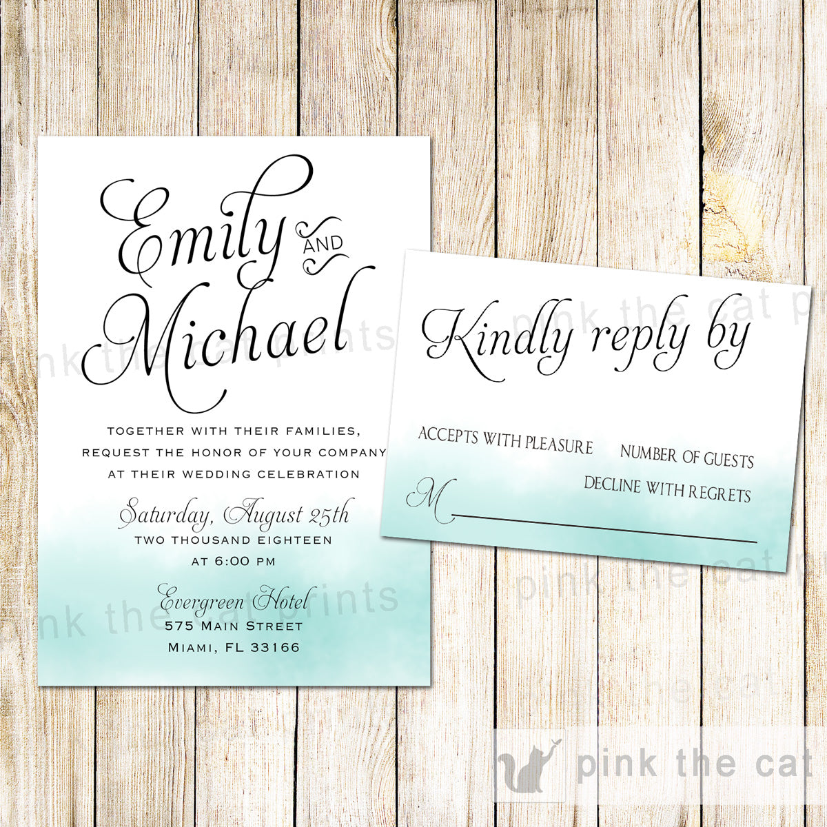 Watercolor Teal Wedding Invitations & RSVP Cards