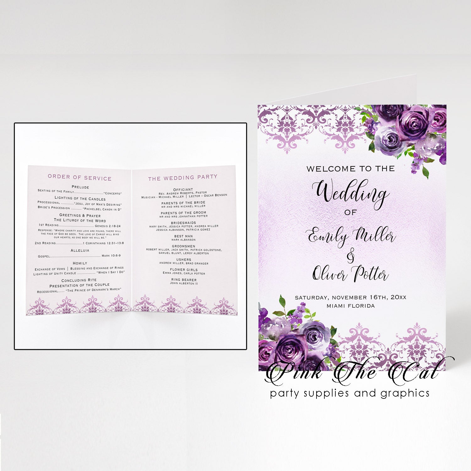 50 wedding programs purple watercolor flowers folded cards