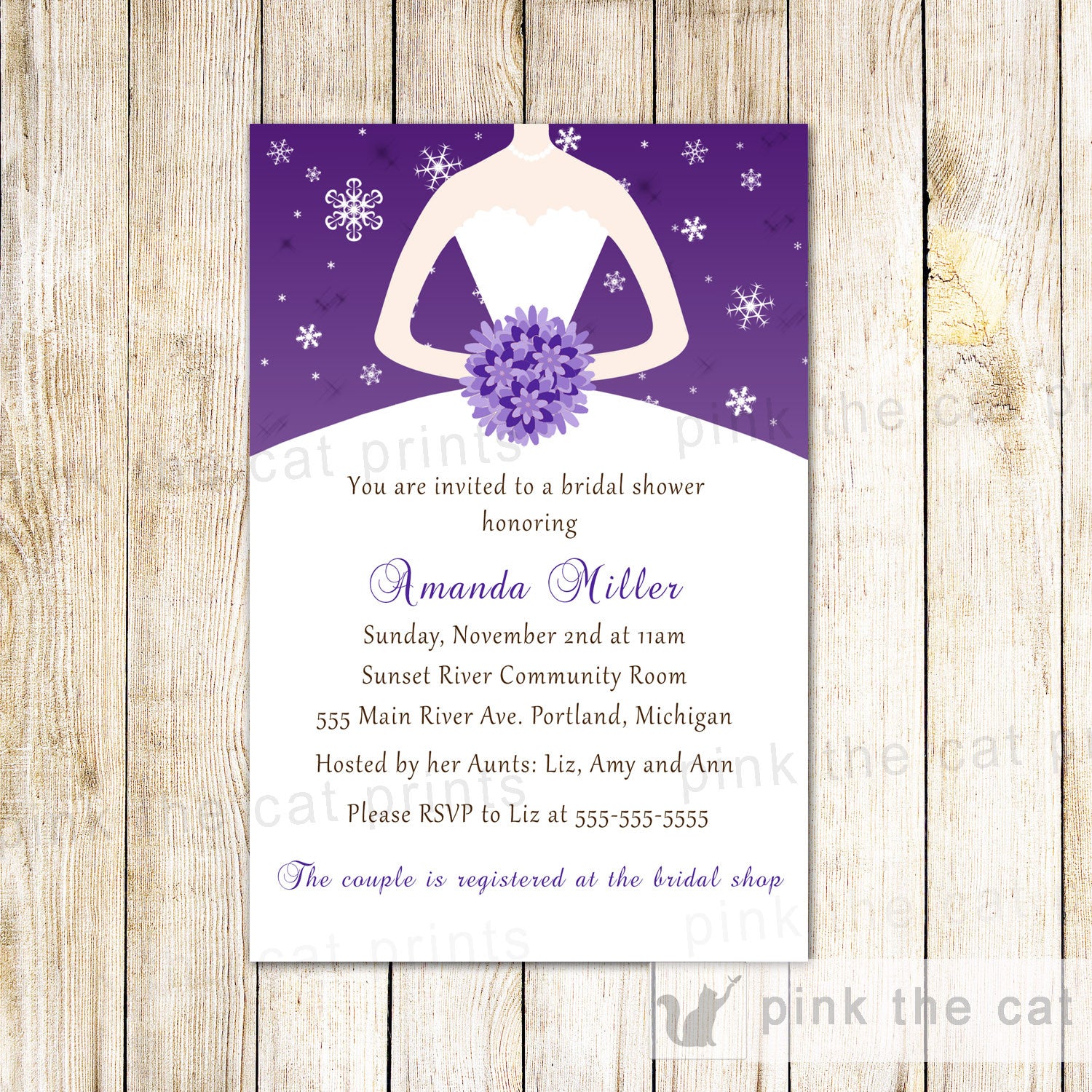 Winter Invitation Sweet 16 Bridal Shower Purple Dress Pink the Cat Winter Invitation Sweet 16 Bridal Shower Purple Dress Pink the Cat