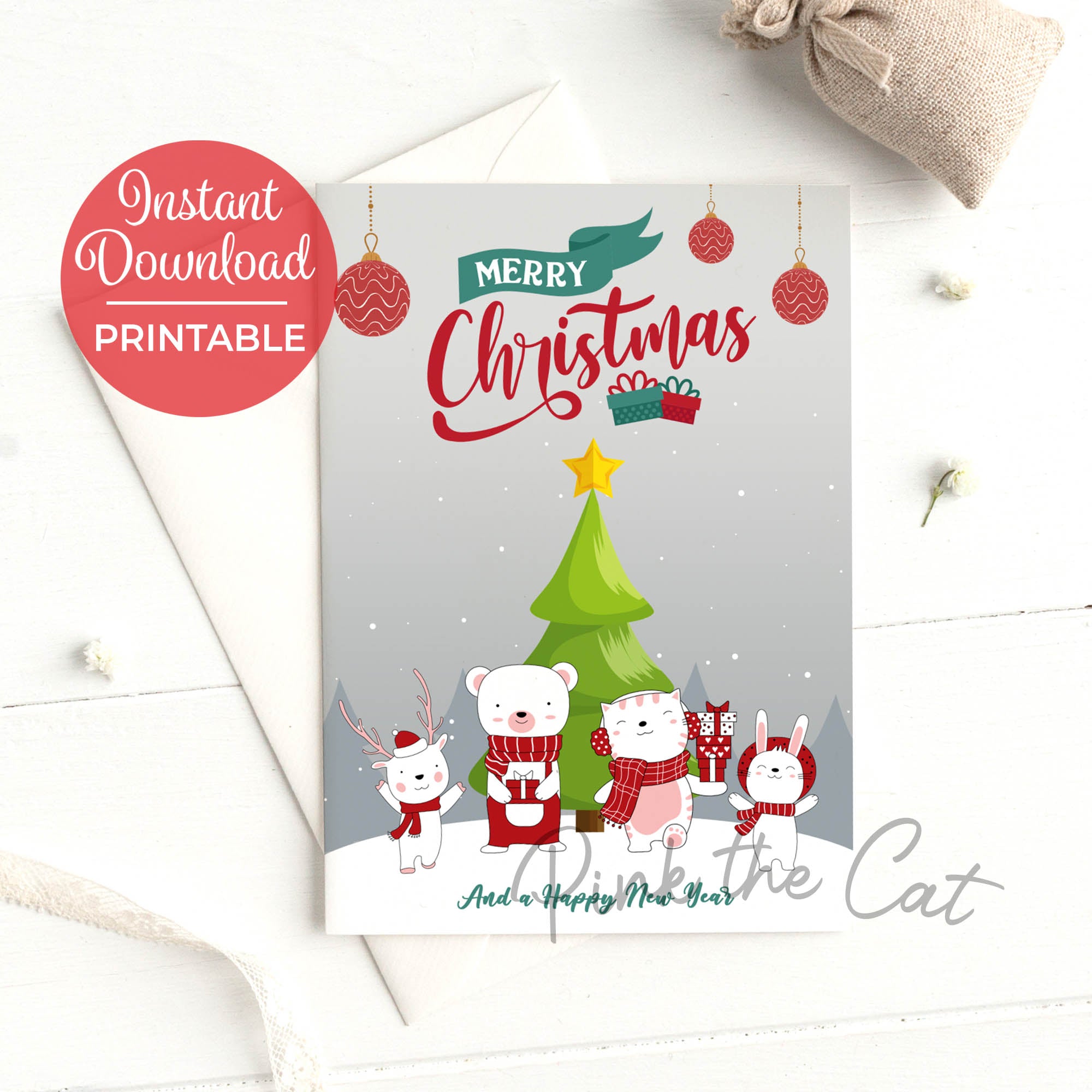 Animals christmas greeting card printable for family and friends – Pink the Cat animals-christmas-greeting-card-printable-for-family-and-friends-pink-the-cat