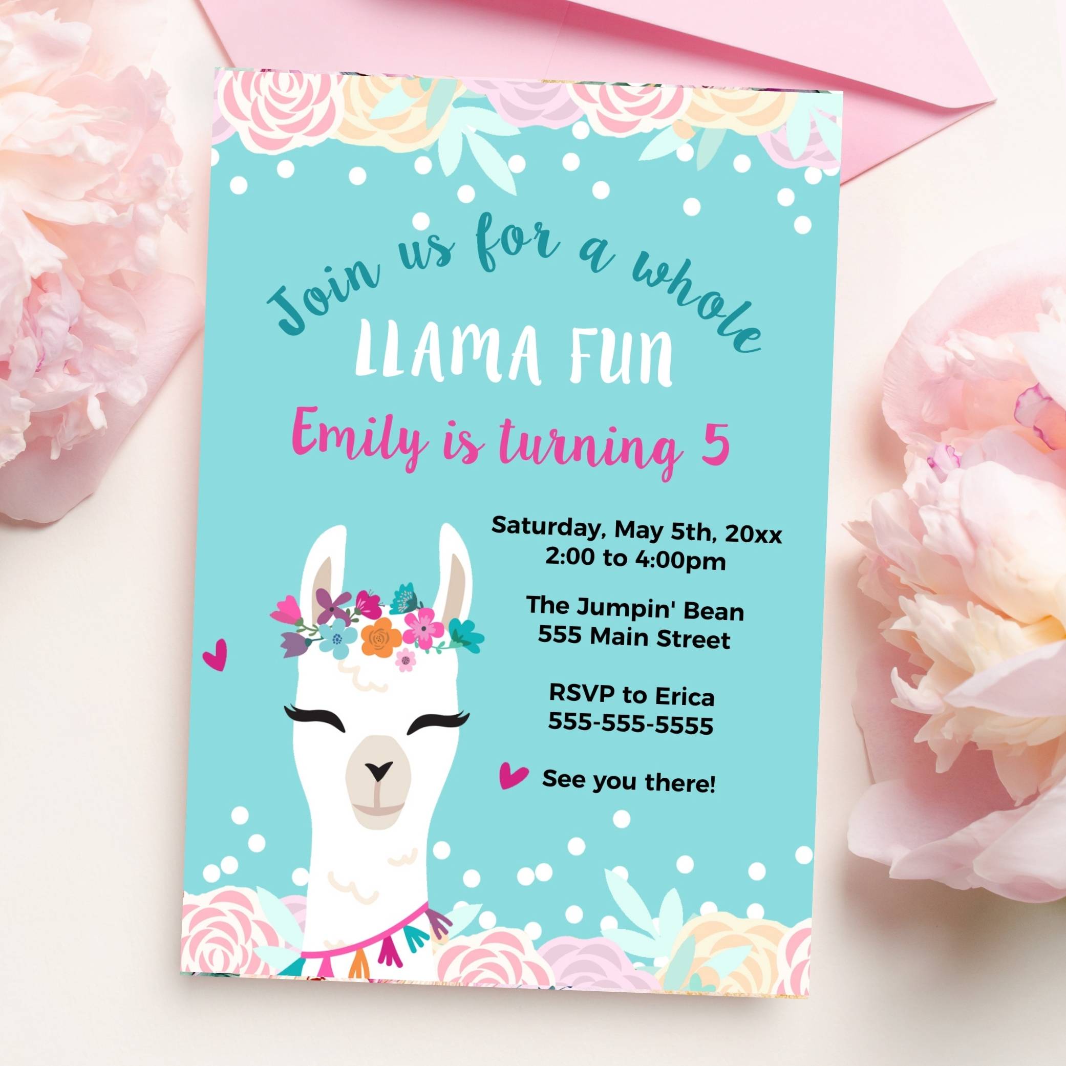 Llama Invitation Floral Pink Printable