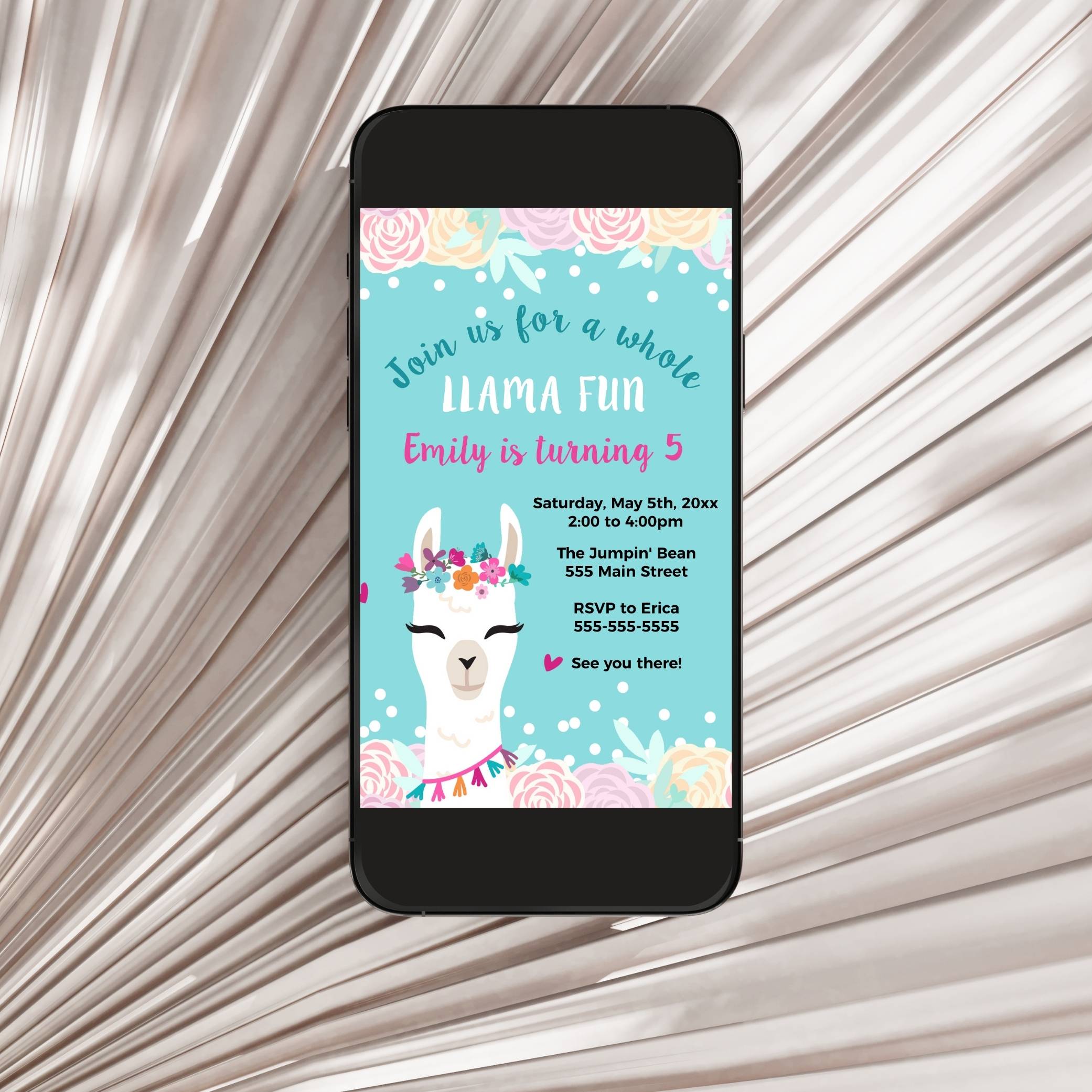 Llama Invitation Floral Pink Printable