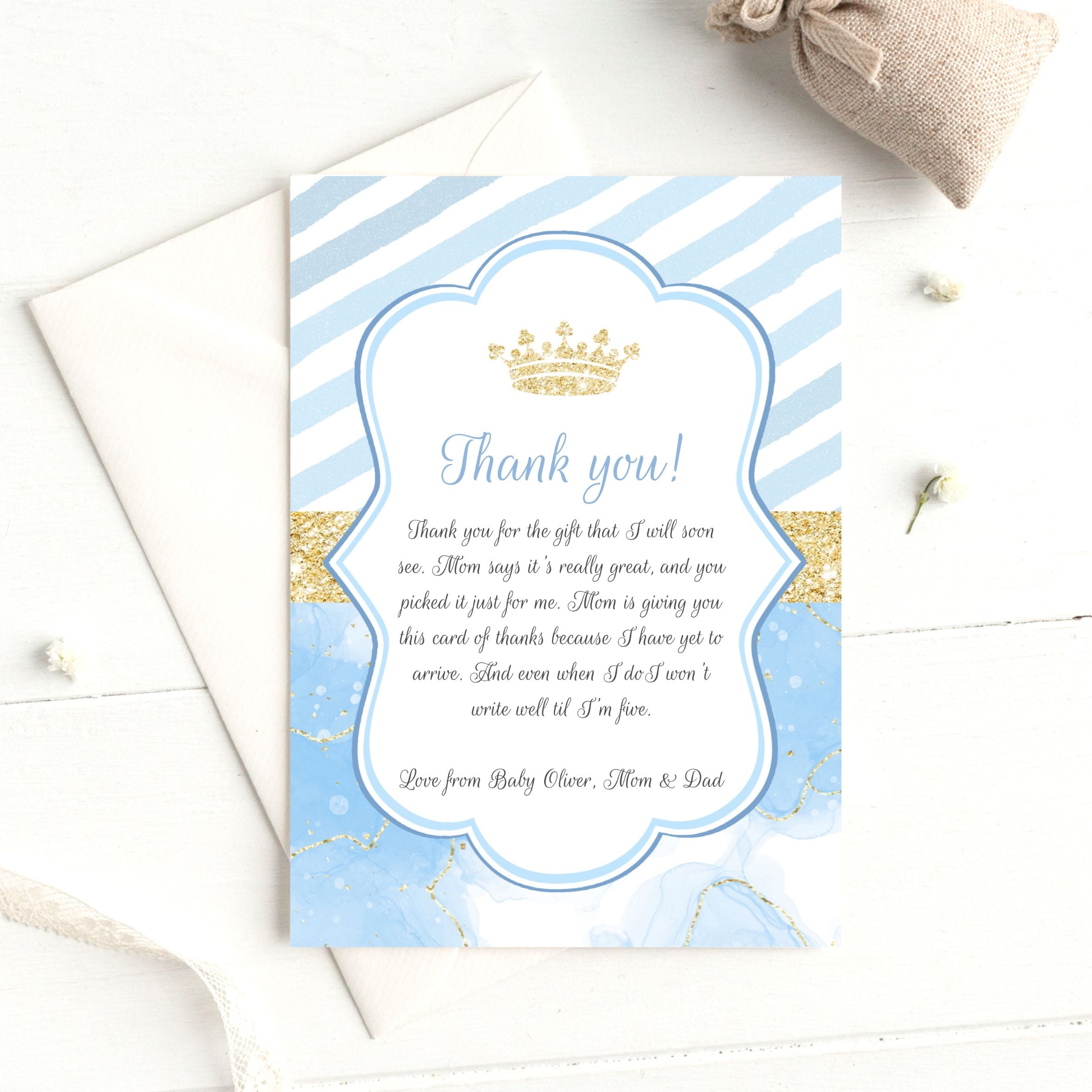 Prince glitter blue thank you card