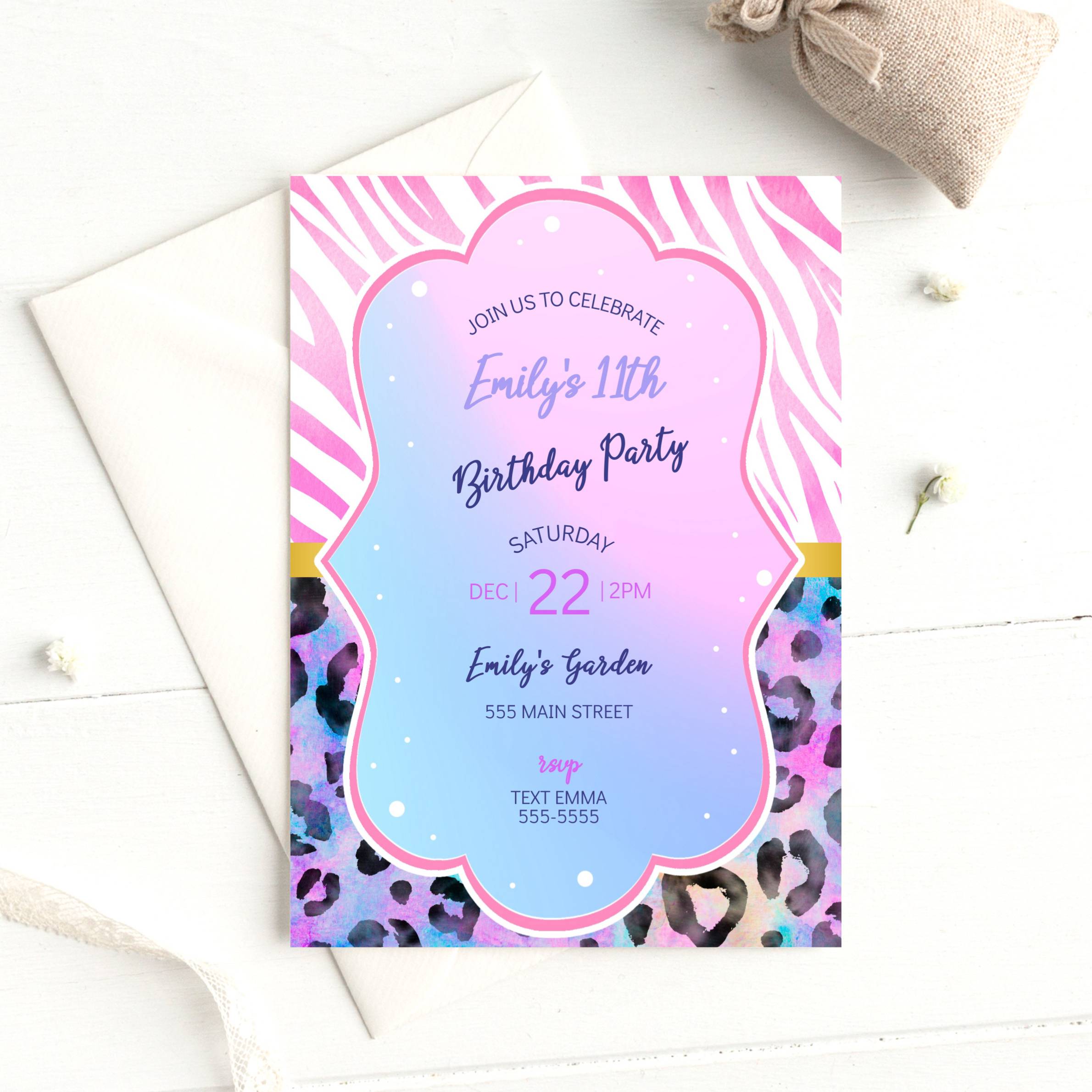 Zebra leopard modern birthday invitation