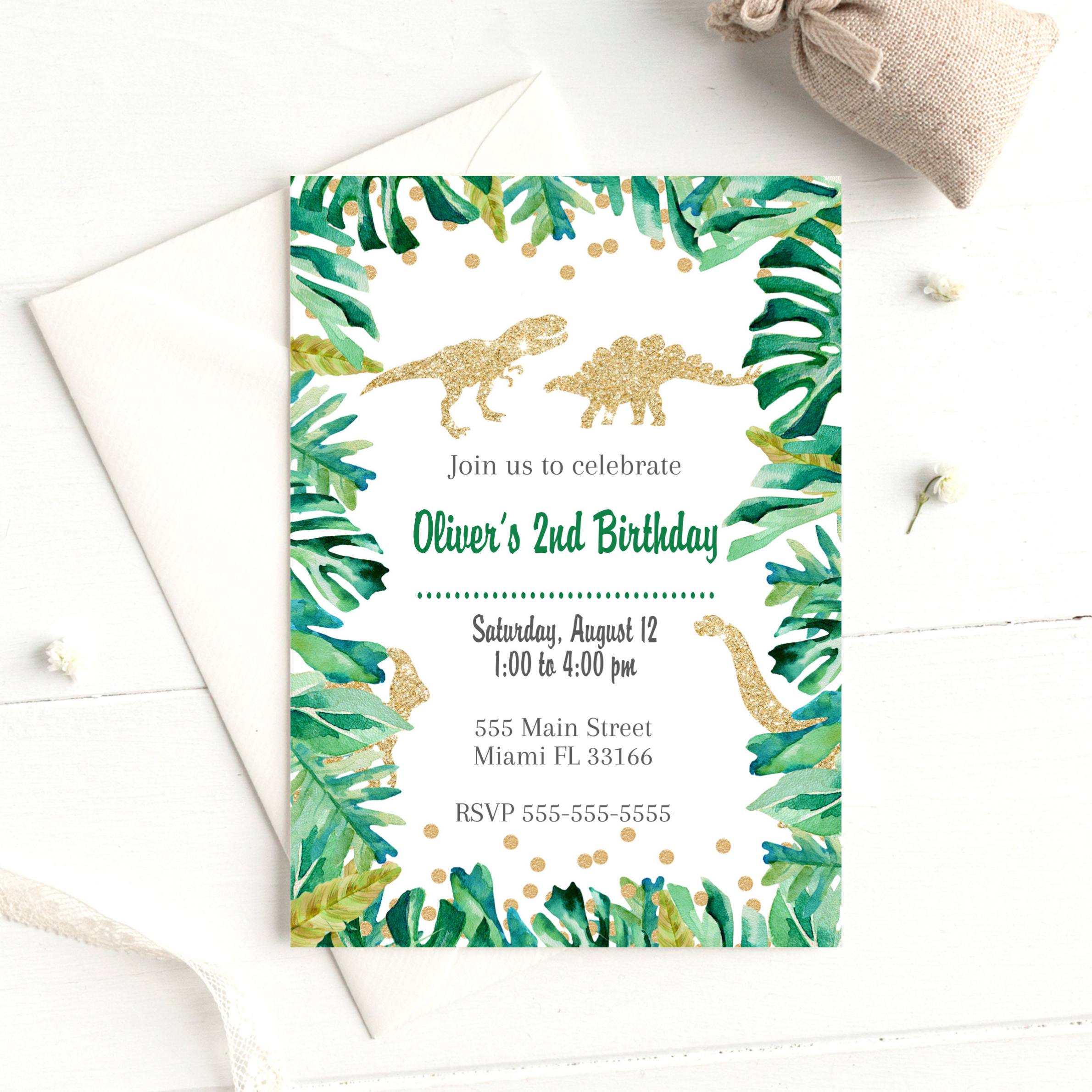 Dinosaur wild green gold invitation printable