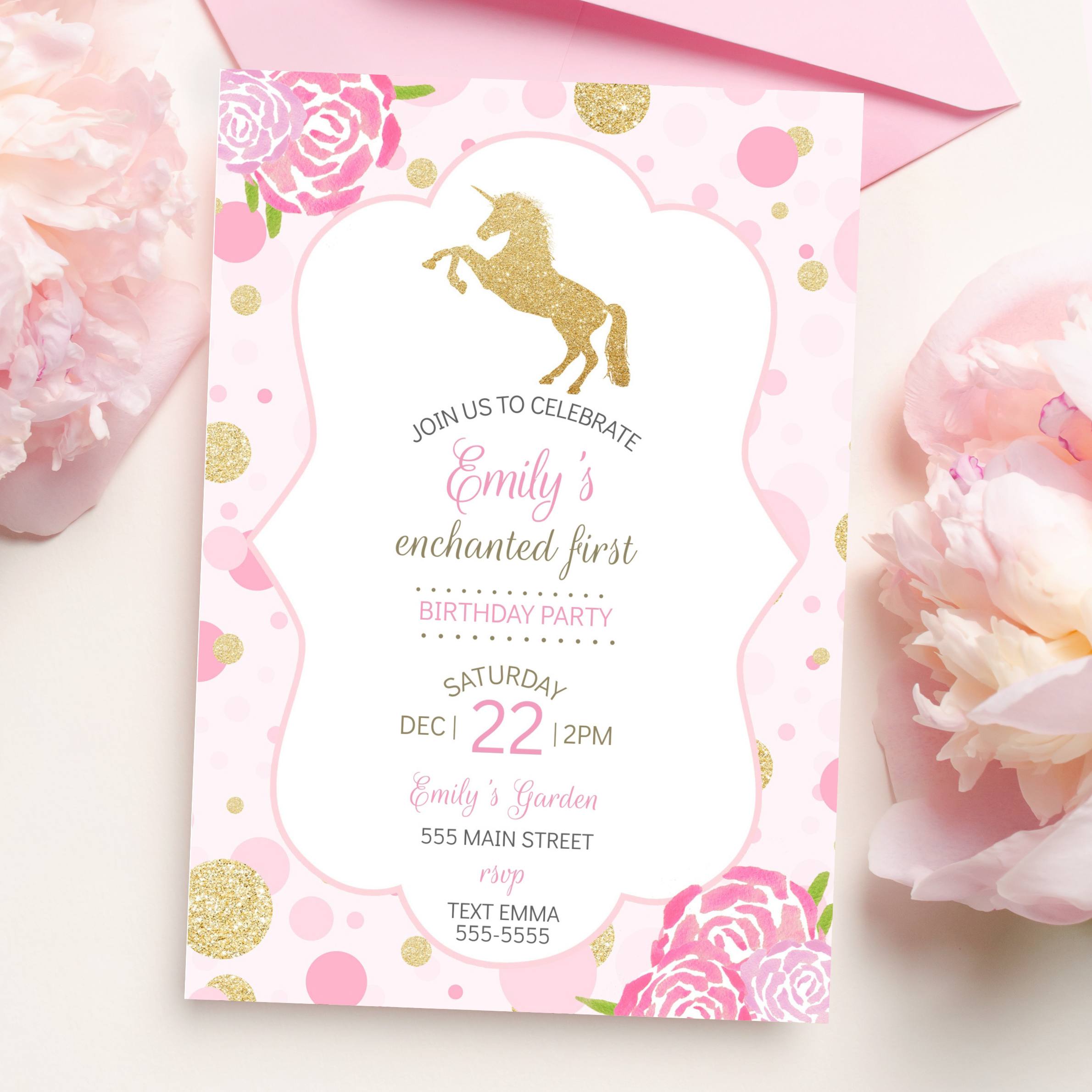 Unicorn birthday invitation confetti pink gold