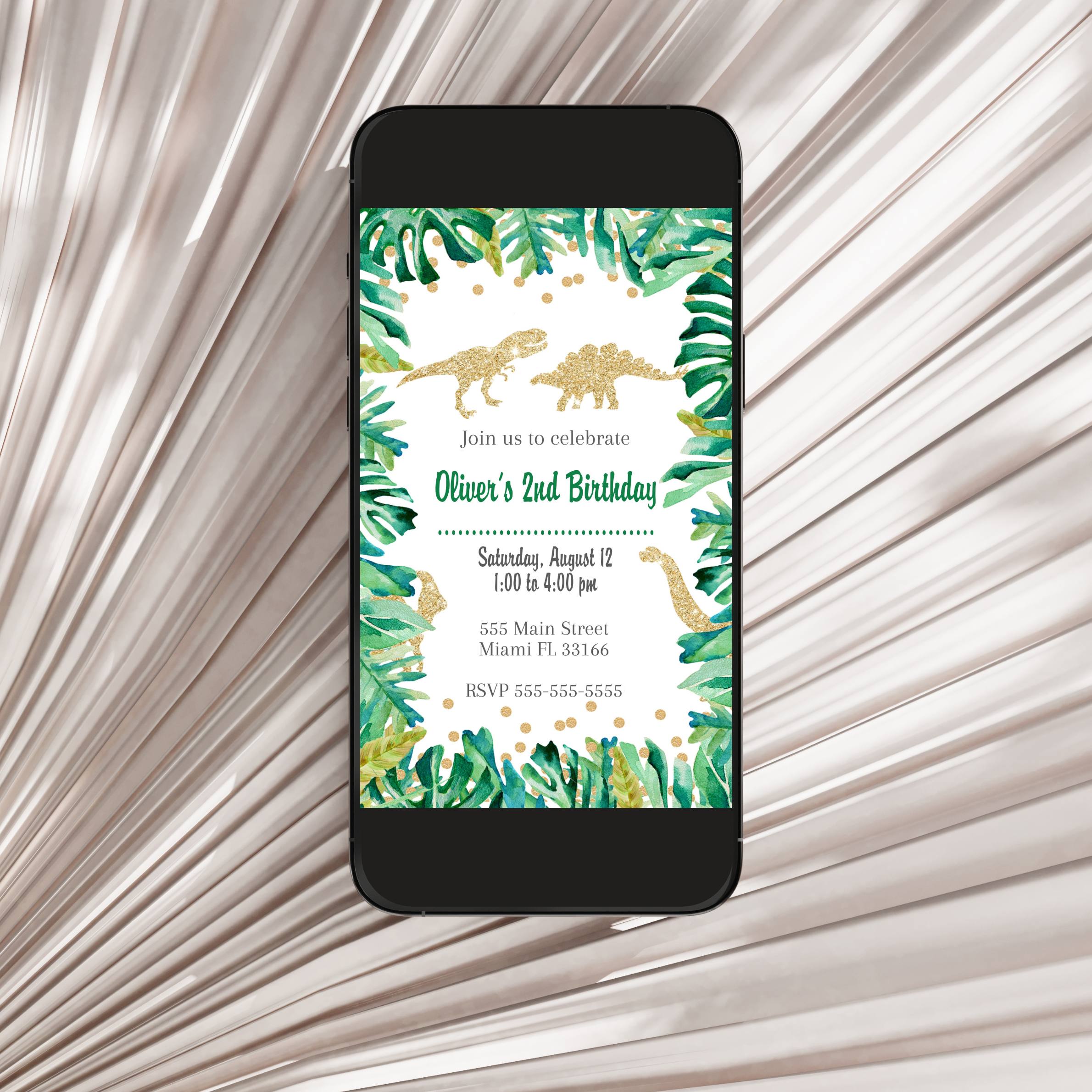 Dinosaur wild green gold invitation printable