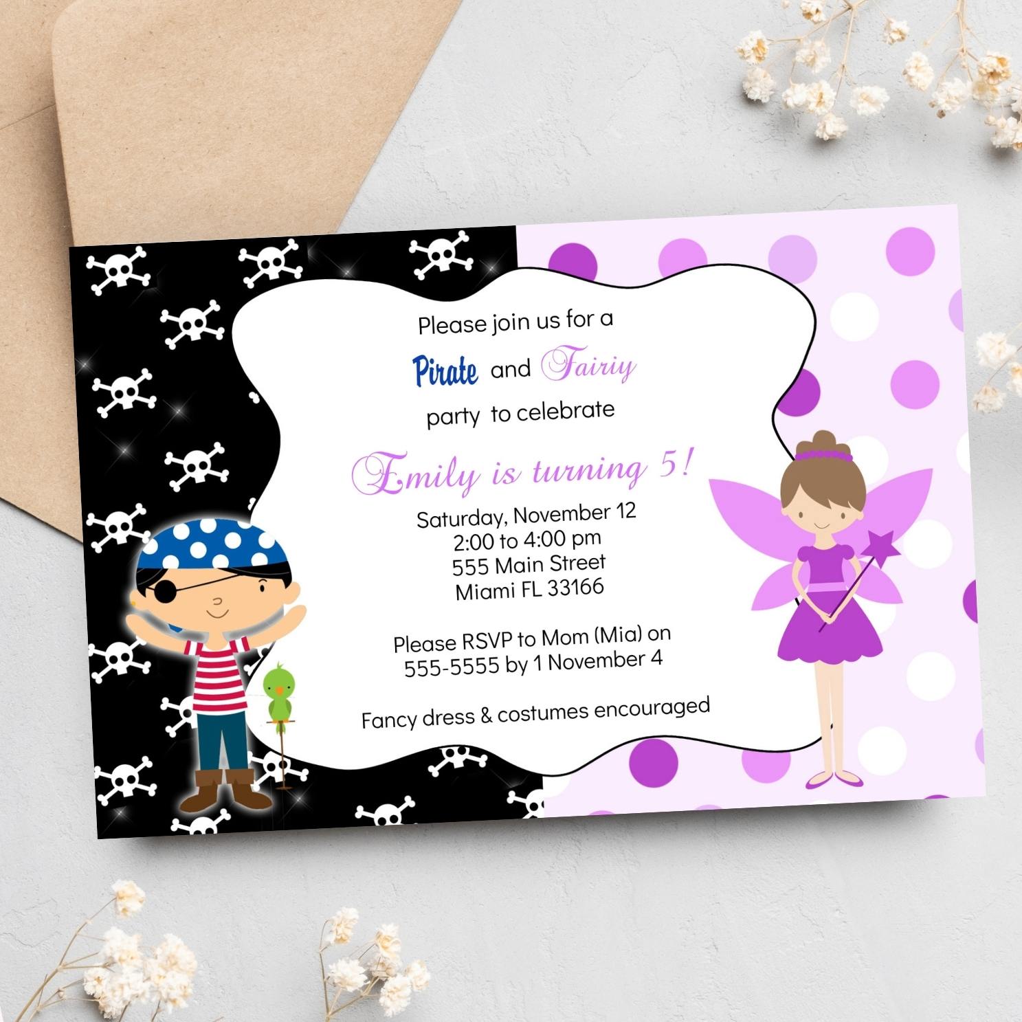 Fairy Pirate Invitation Purple Black