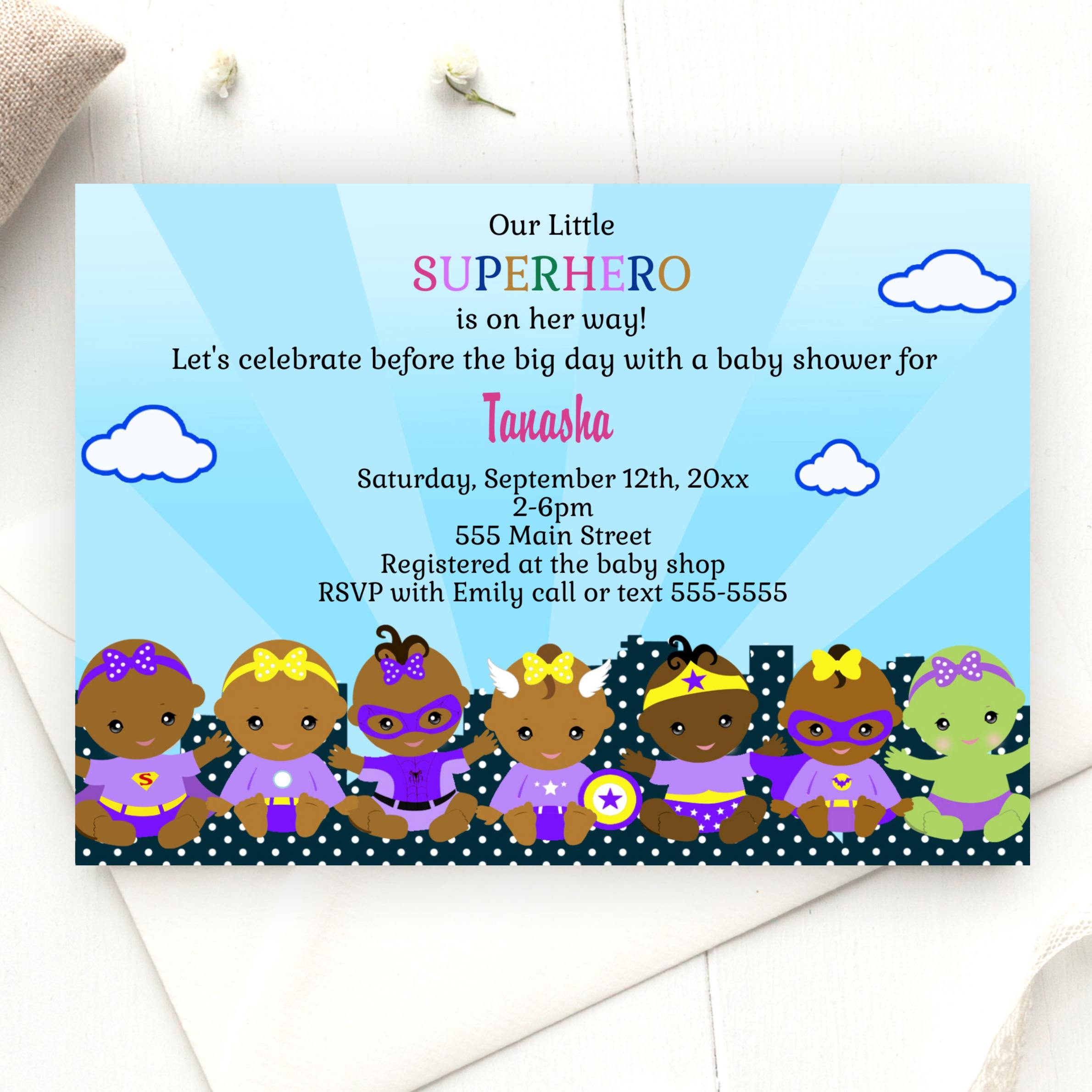 African American Girl Superhero Baby Shower Invitations