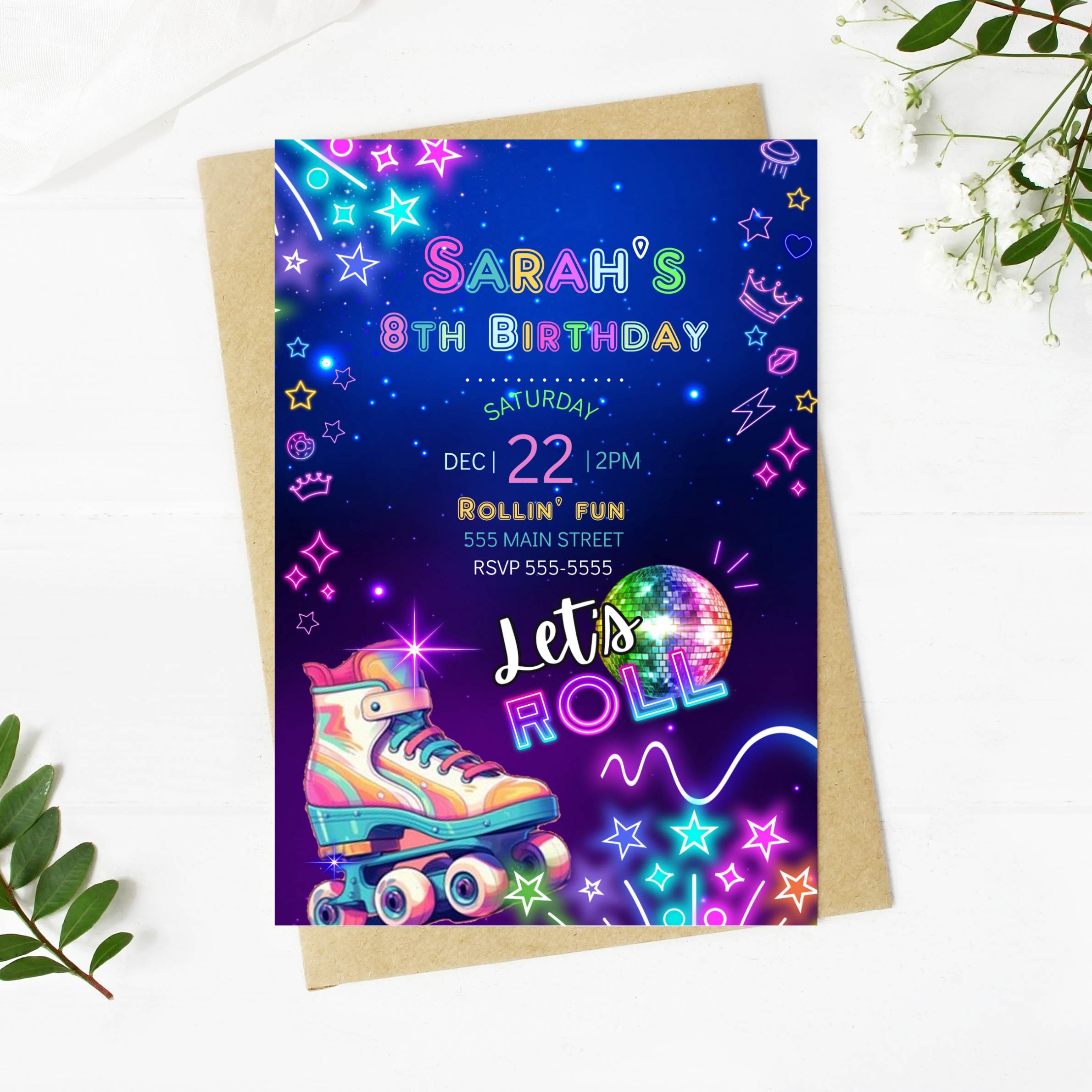 Roller skates neon birthday invitation