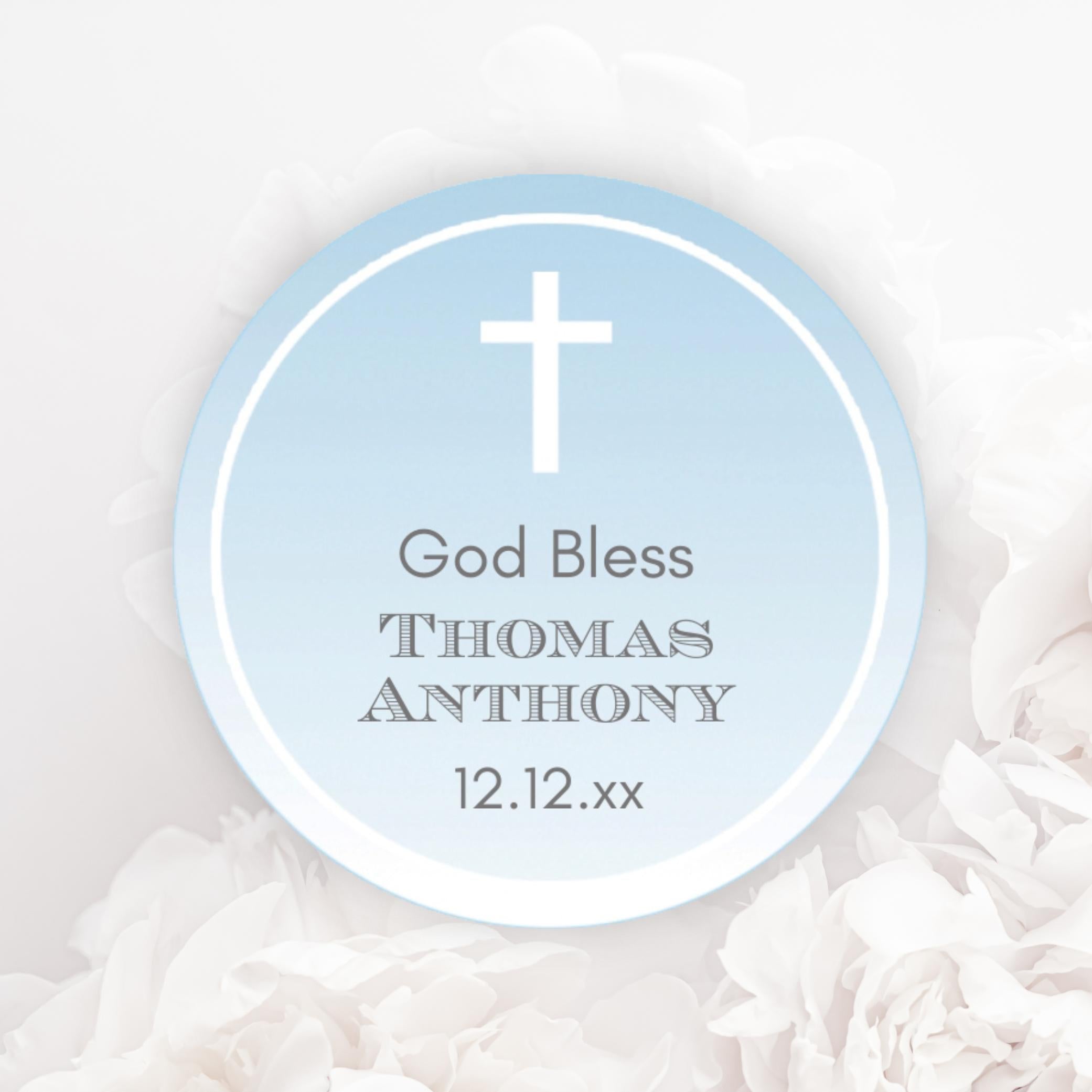 Sky blue and white religious labels