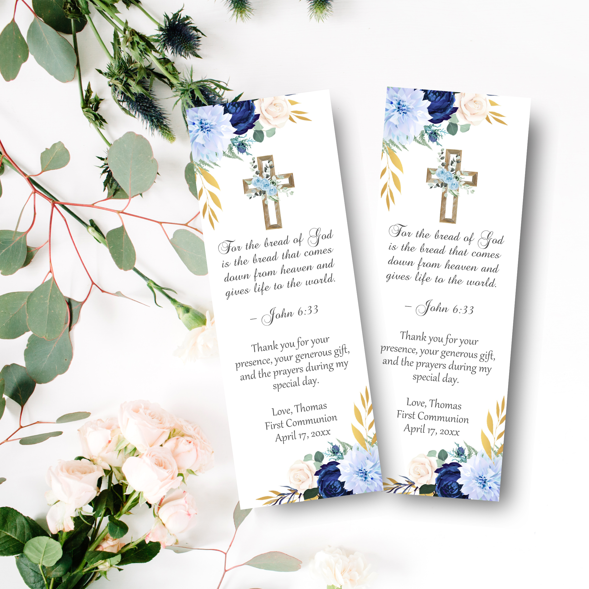First communion bookmark blue floral rustic