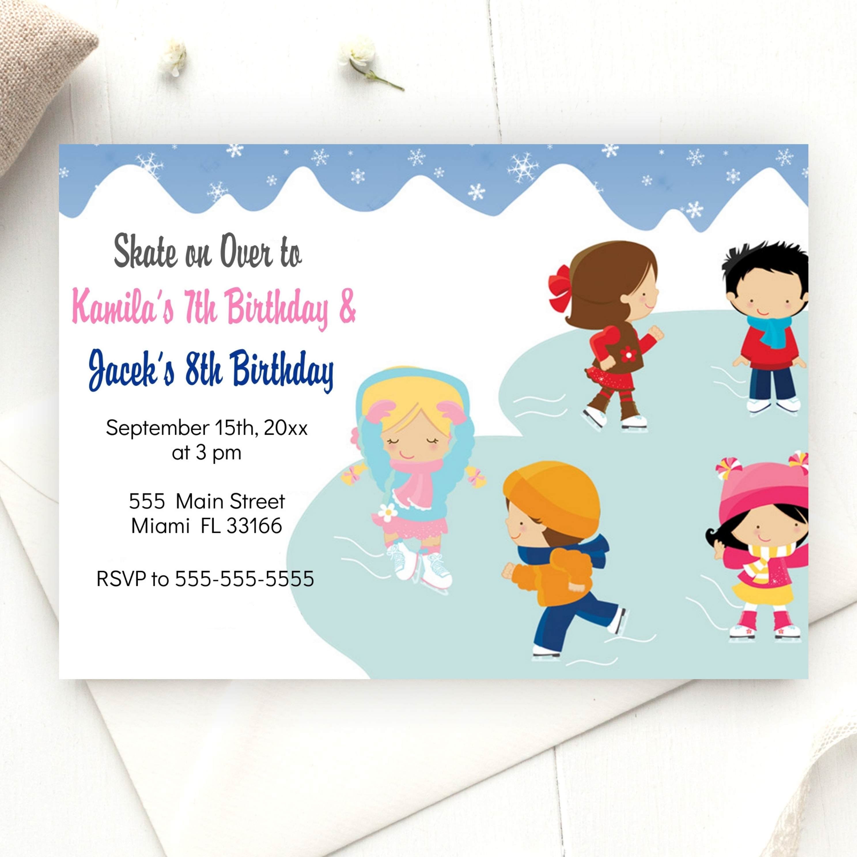 Ice Skating Kids Birthday Invitation Winter Printable
