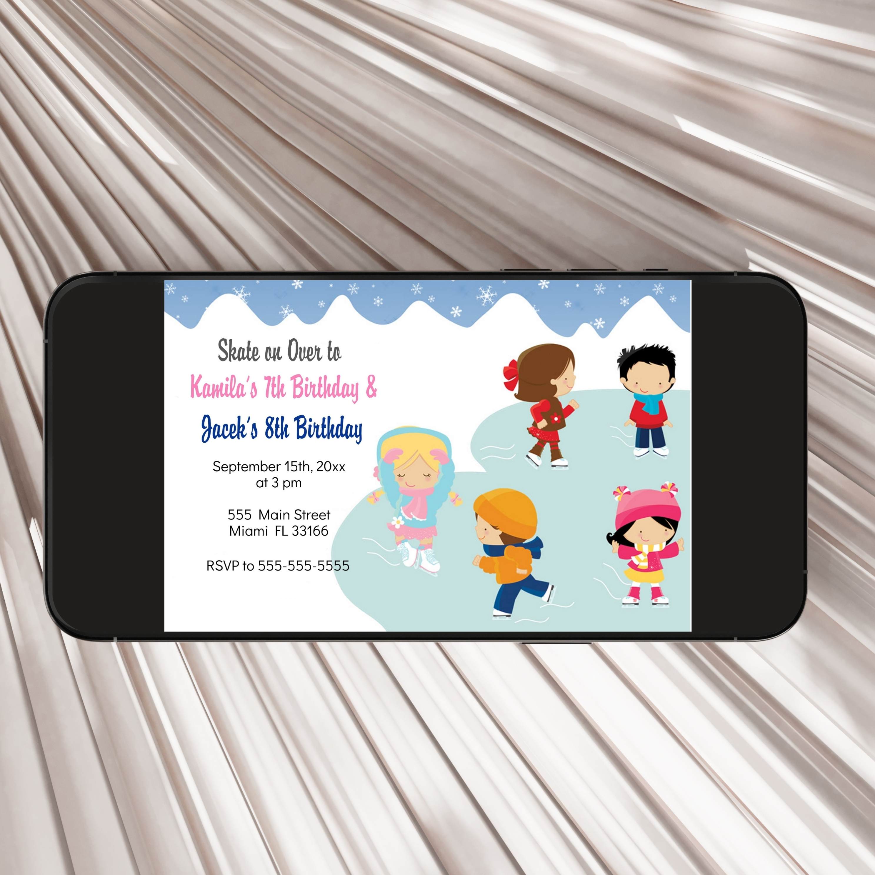 Ice Skating Kids Birthday Invitation Winter Printable