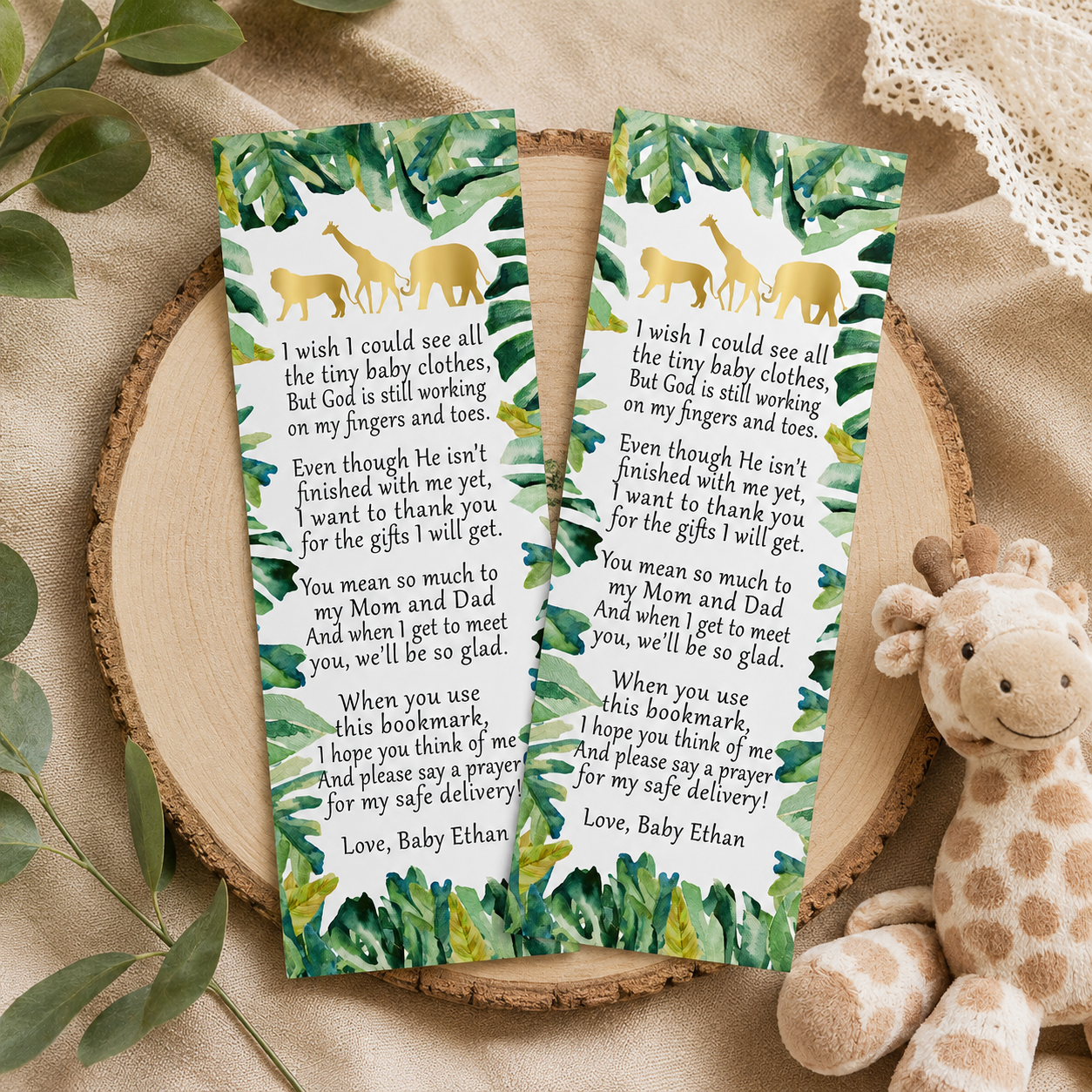 50 bookmarks jungle safari baby shower green gold