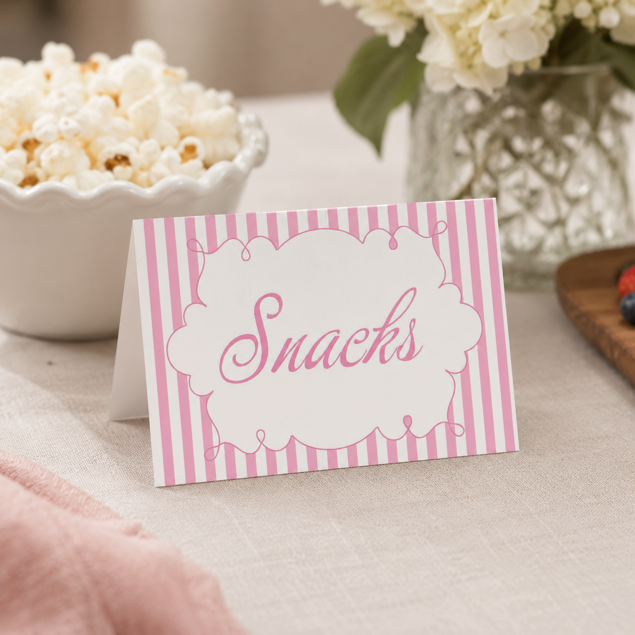 Buffet Food Label Place Seating Name Card Pink White Stripes