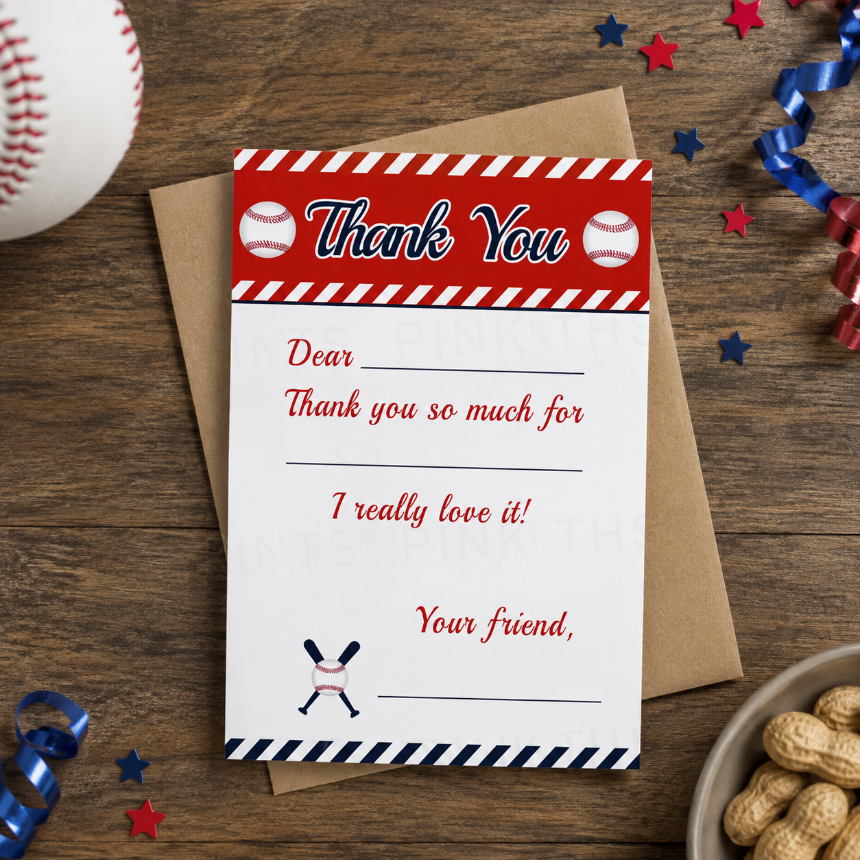 Baseball Blank Thank You Card Note Birthday Fill In