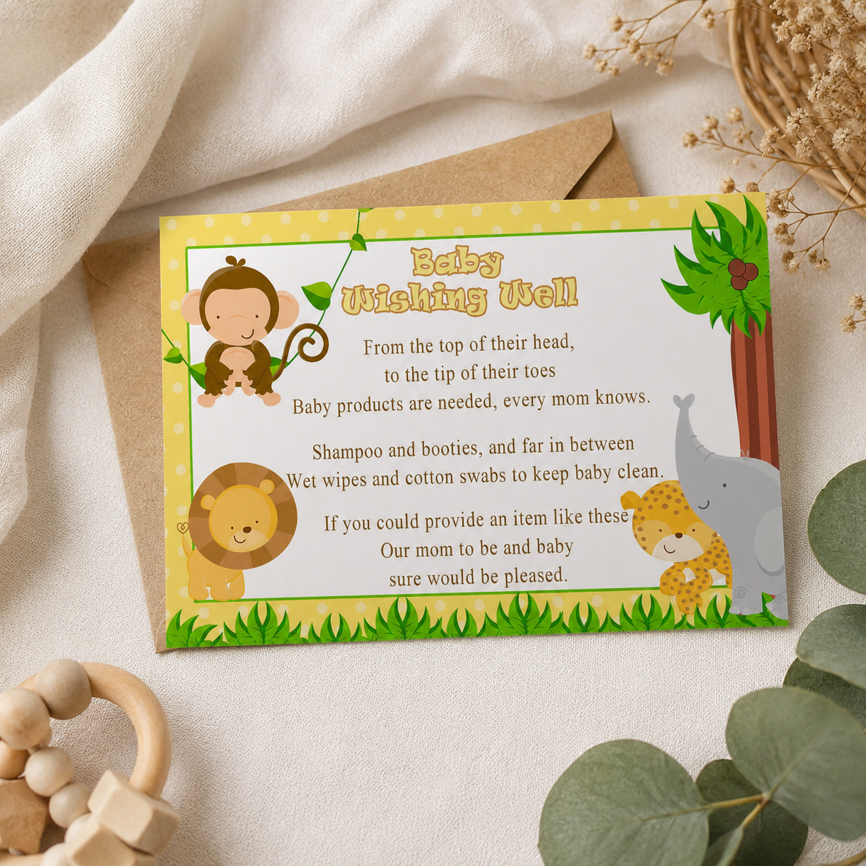 Jungle Wishing Well Card Baby Shower Yelllow Printable