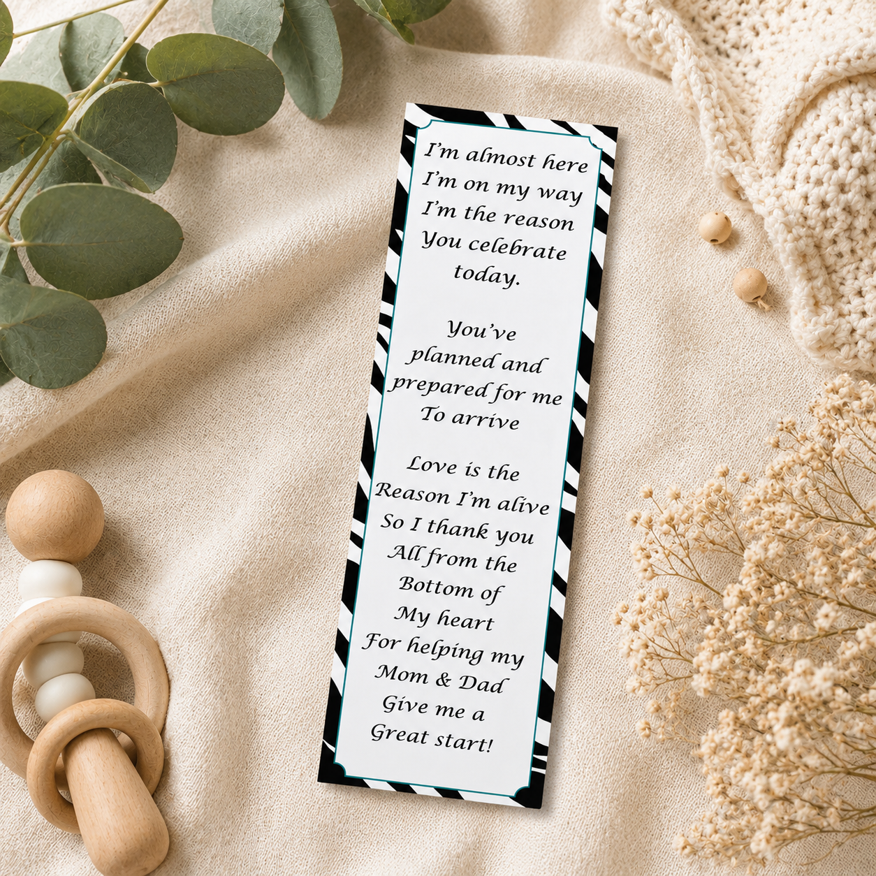 Zebra Baby Boy Shower Bookmark Favors Printable