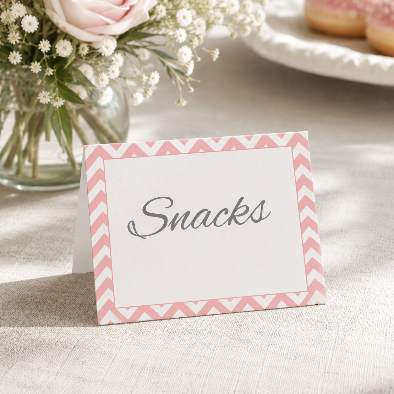 Buffet Food Label Wedding Place Seating Name Card Pink Chevron