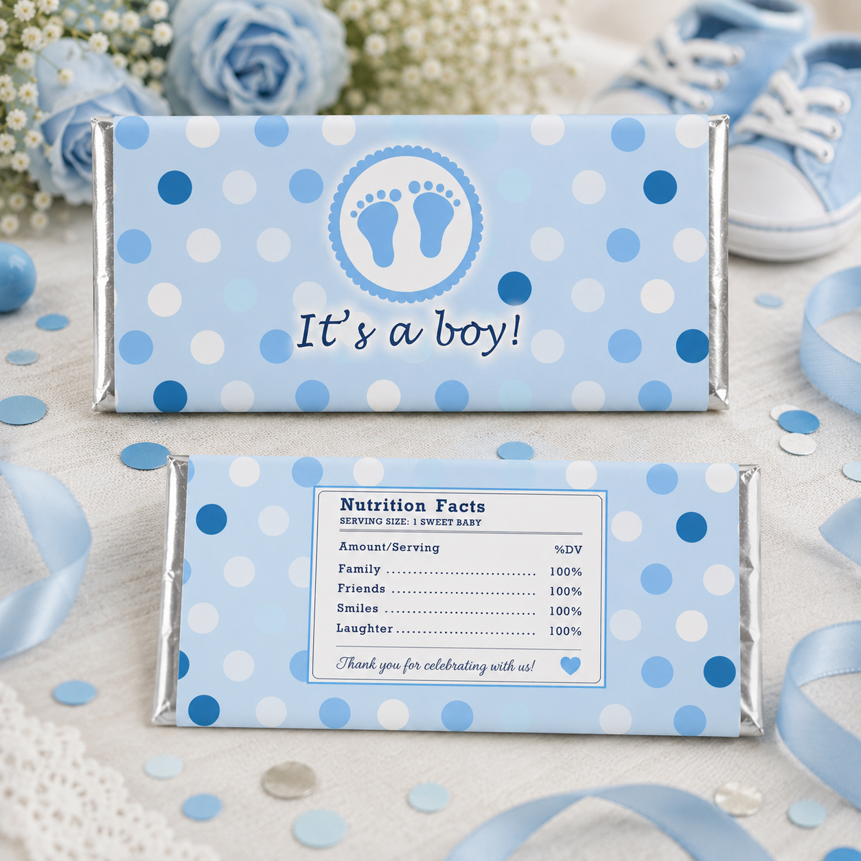 Baby Boy Shower Candy Bar Wrapper Label Blue Grey