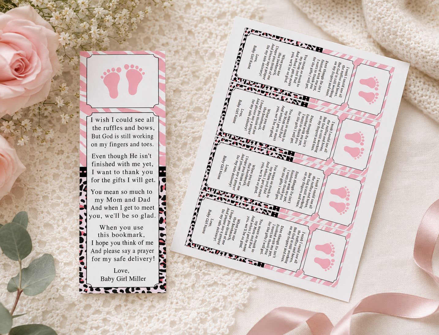 Bookmark Favor Baby Girl Shower Pink Zebra Footprints