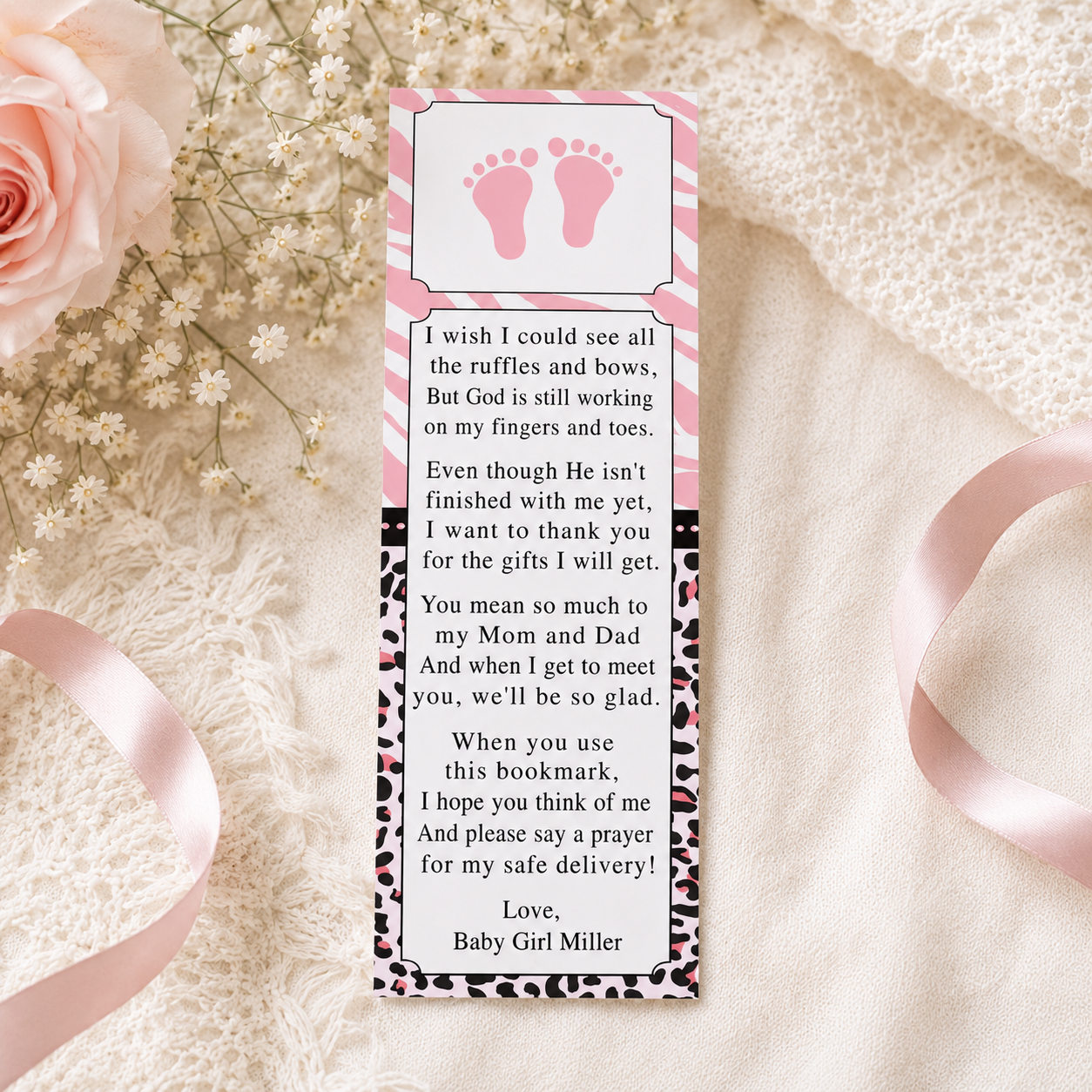 50 bookmarks footprints animal print pink girl baby shower
