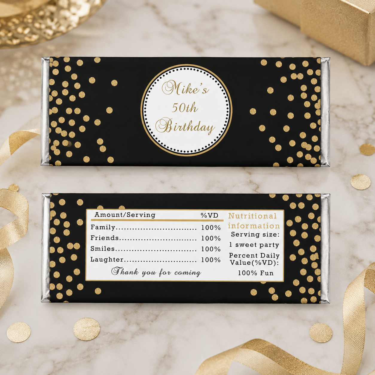 Candy bar wrappers birthday gold black printable
