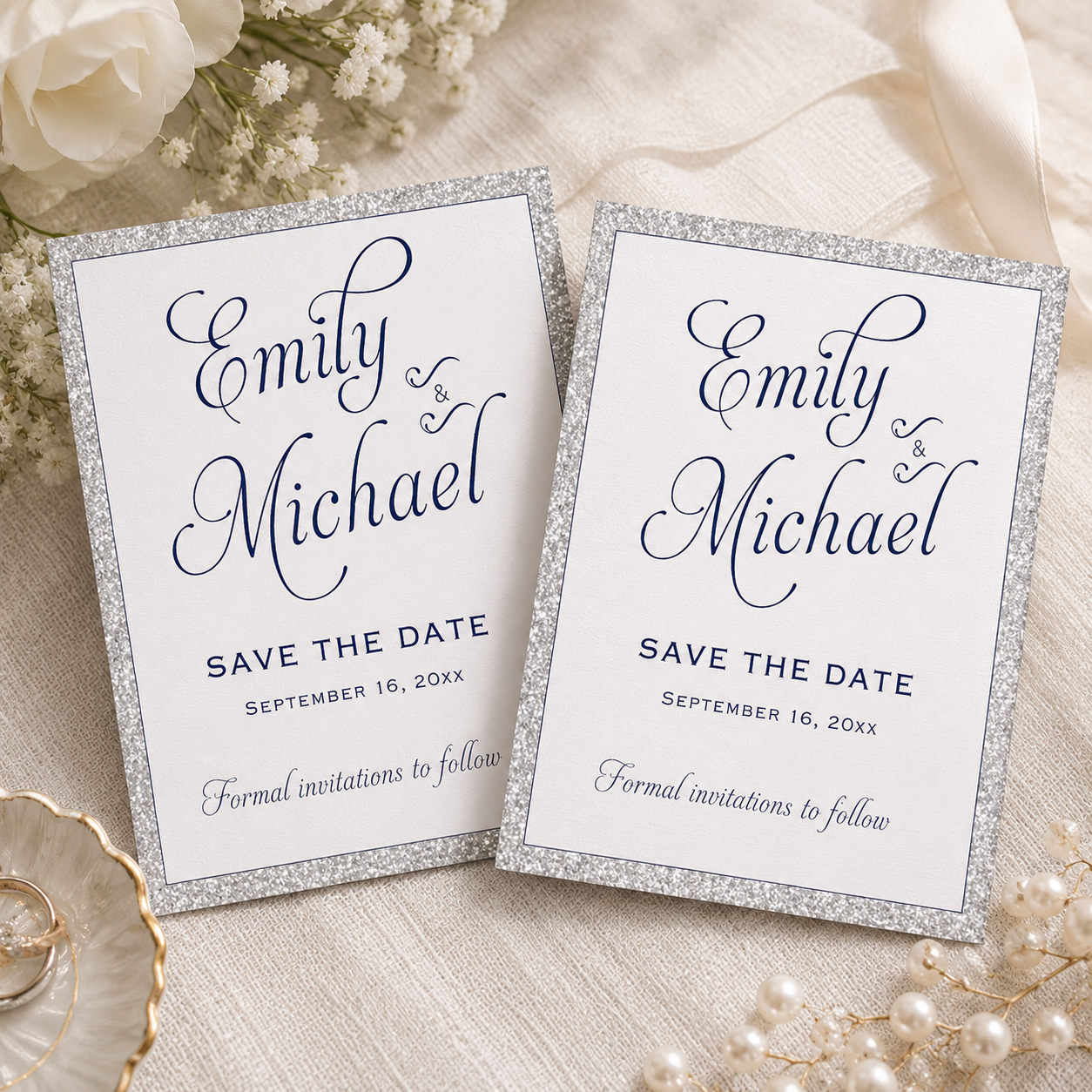 30 Cards Silver Glitter Navy Blue Save The Date