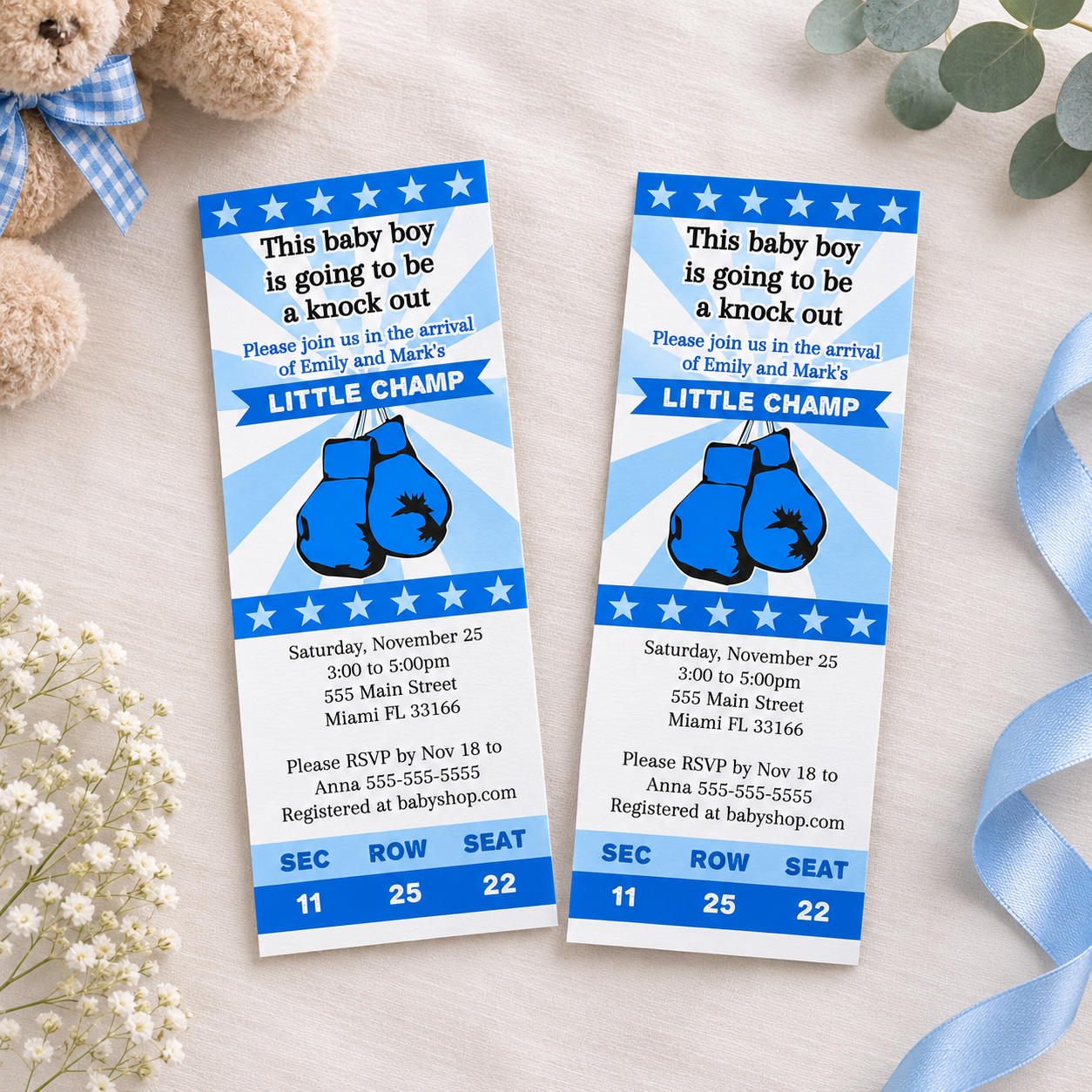 30 boxing invitations baby shower blue