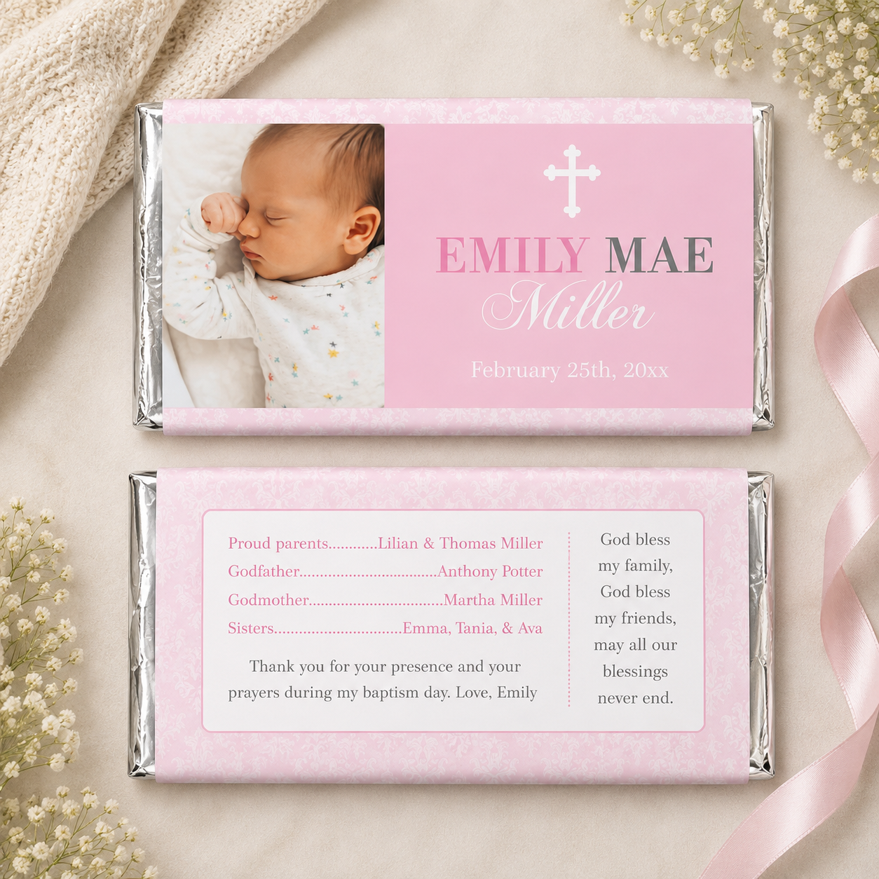 Girl baptism candy wrapper pink and silver printable