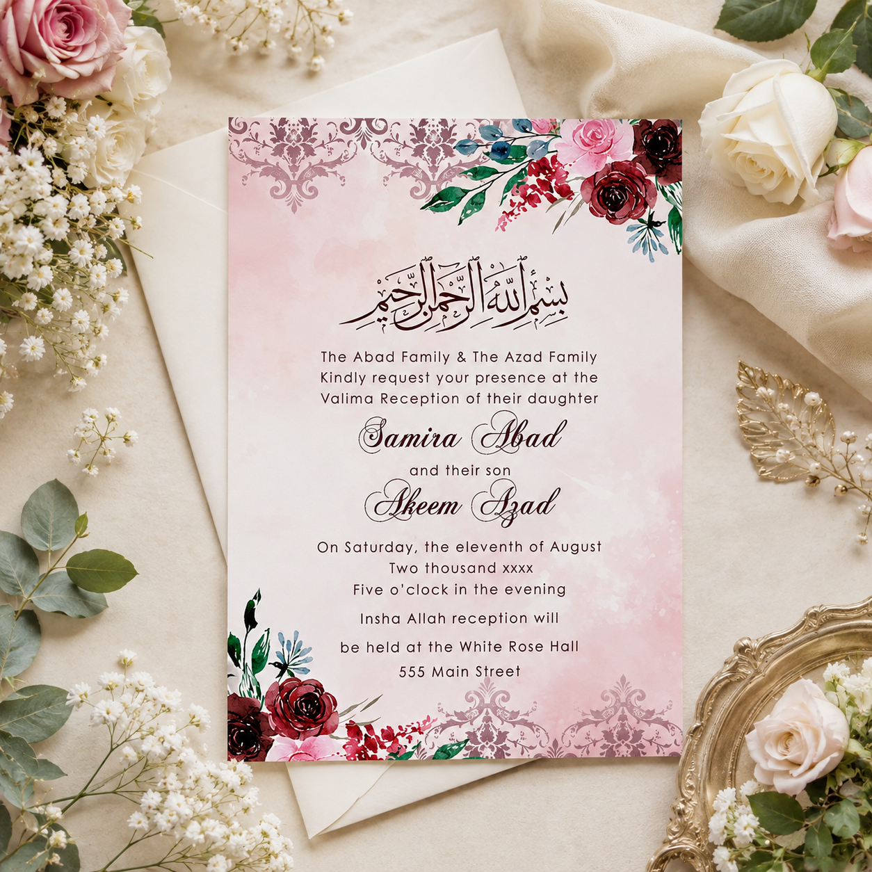 Walima nikah wedding invitations red roses