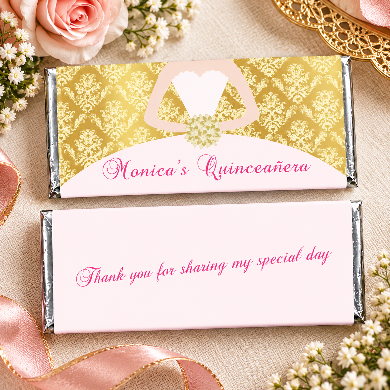 30 Candy Bar Wrappers Quinceanera Bridal Shower Gold Pink