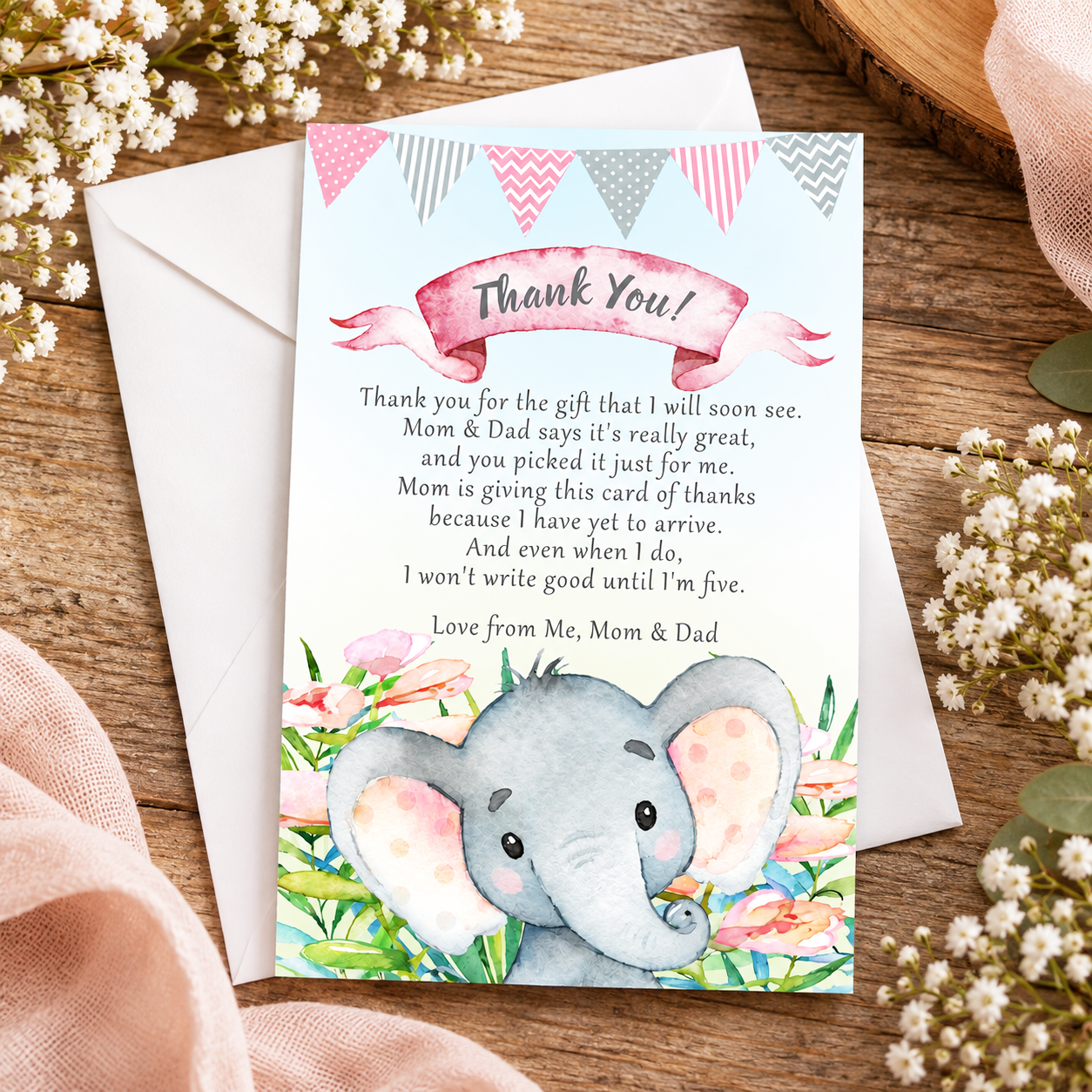 Thank you cards watercolor elephant baby shower birthday printable