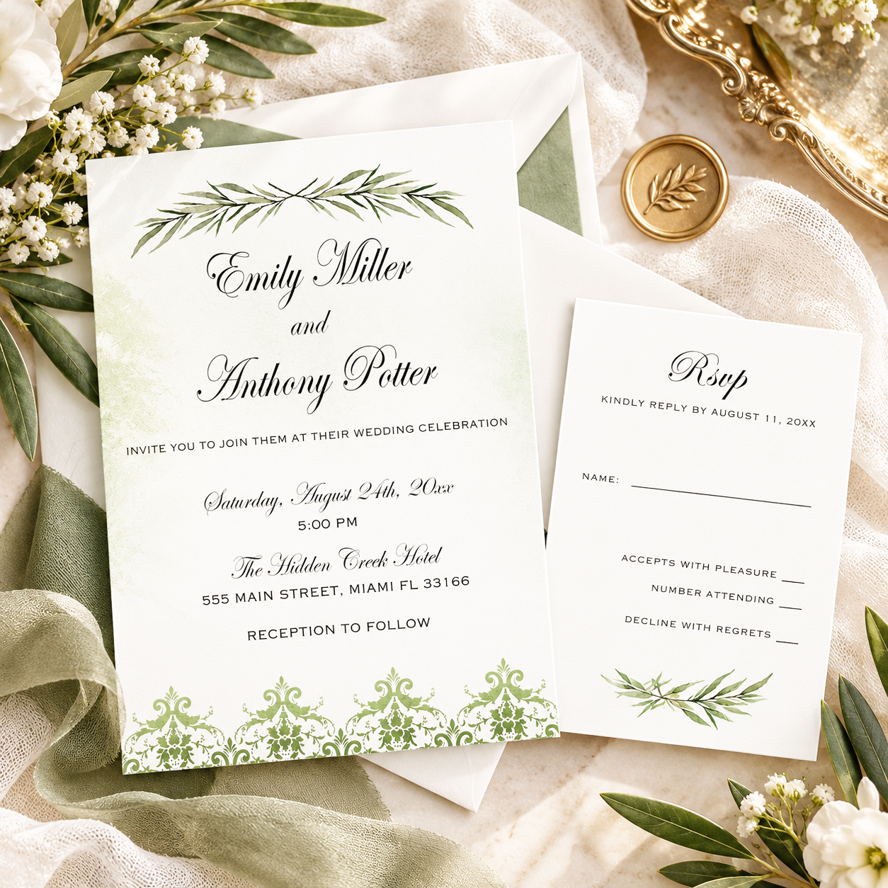100 Wedding Invitations Greenery & RSVP Cards